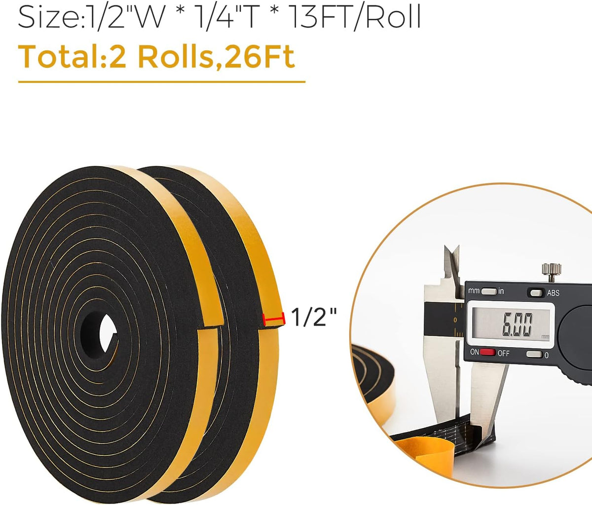 26 Feet Weather Stripping Door Seal, 1/2" Wide X 1/4" Thick Door Seal Strip High Density Foam Tape