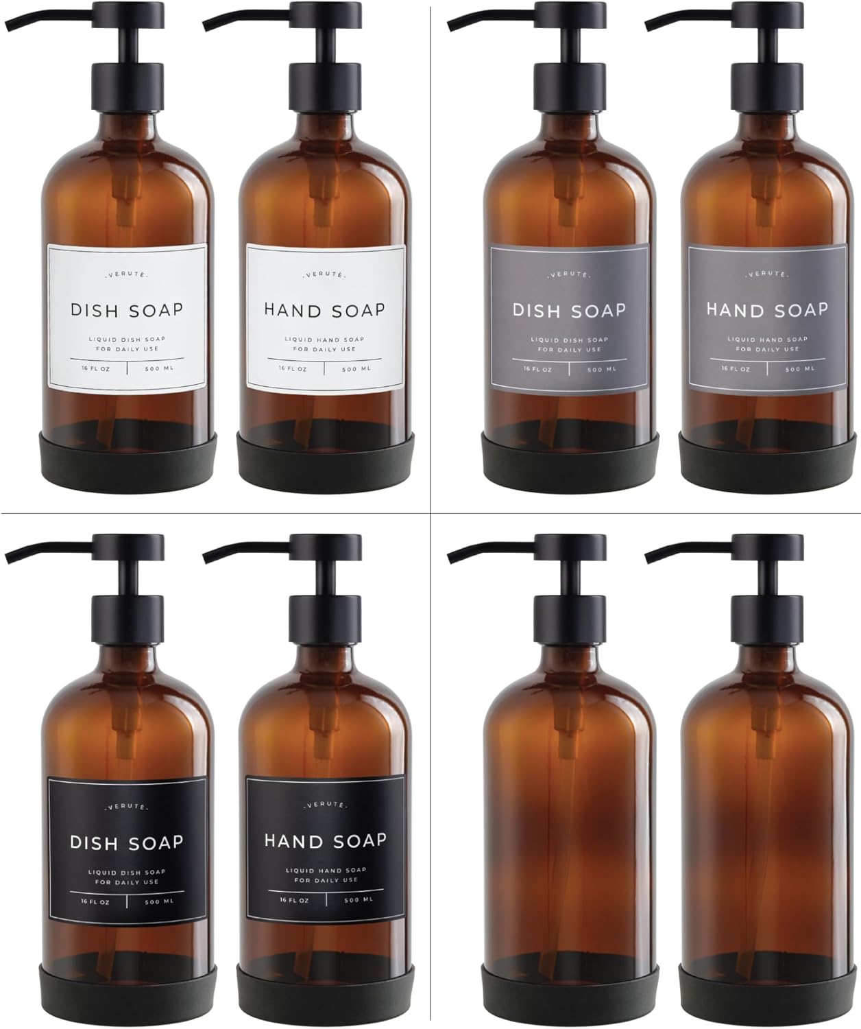 16oz Glass Soap Dispenser with Stainless Steel Pump, 21 Waterproof Labels, Non-Slip Protective