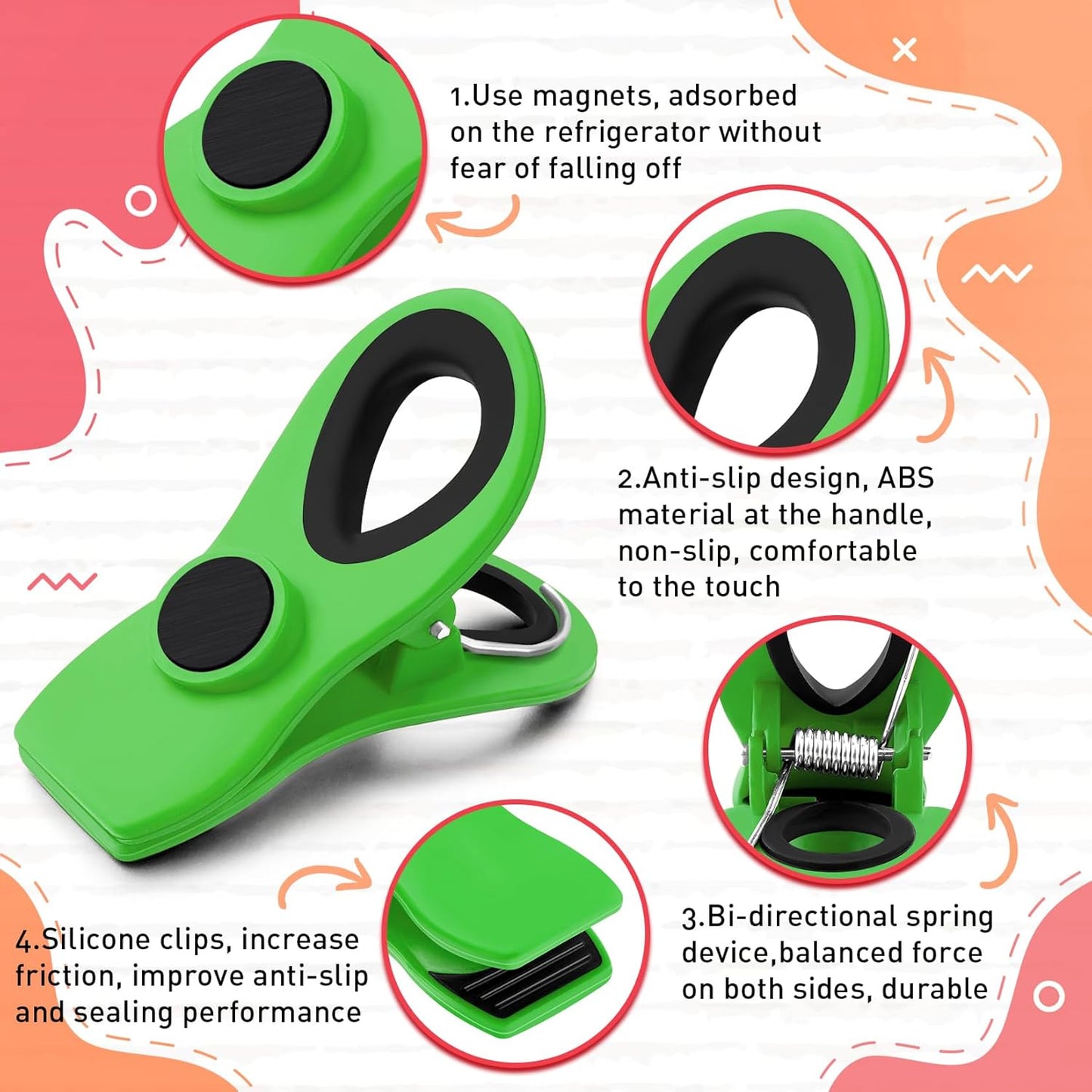 FINDMAG Big Chip Clip, Green Magnetic Wide Bag Clip Set, Cute Magnet Clips Refrigerator Sealing