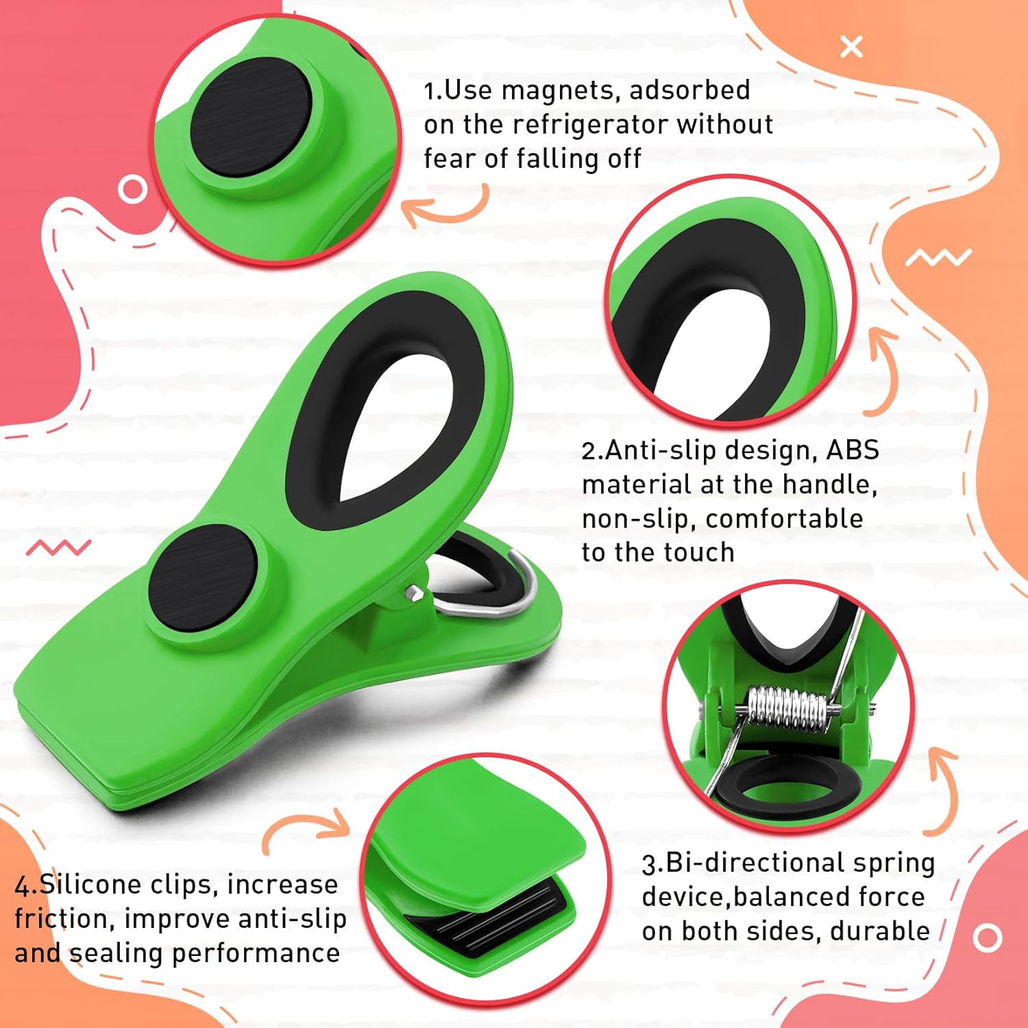 FINDMAG Big Chip Clip, Green Magnetic Wide Bag Clip Set, Cute Magnet Clips Refrigerator Sealing