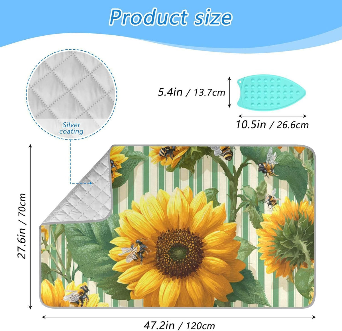 Green Striped Sunflowers and Bees Ironing Mat for Table top Portable Ironing Pad Blanket for Washer