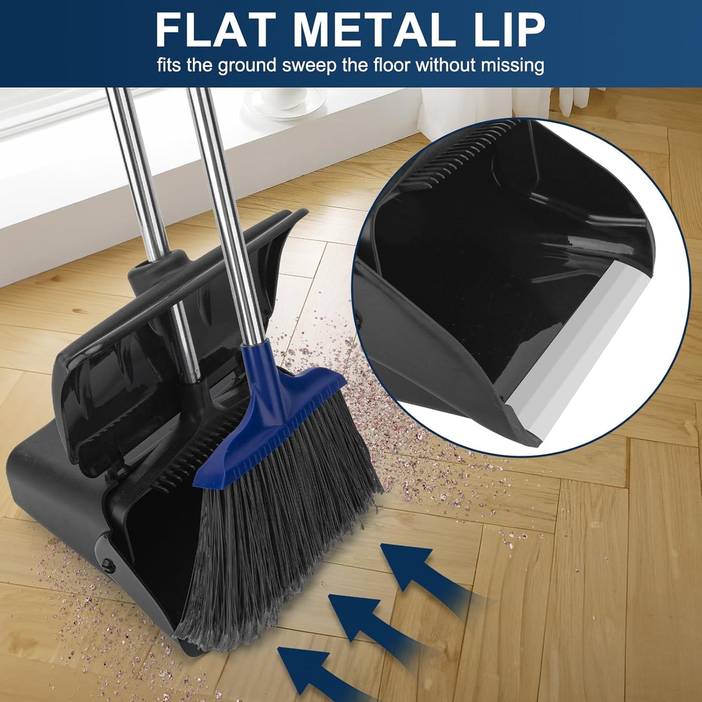 Kefanta Outdoor Heavy Duty 2 Brooms and Dustpan Set with Aluminum Flat Lip for Courtyard Garage