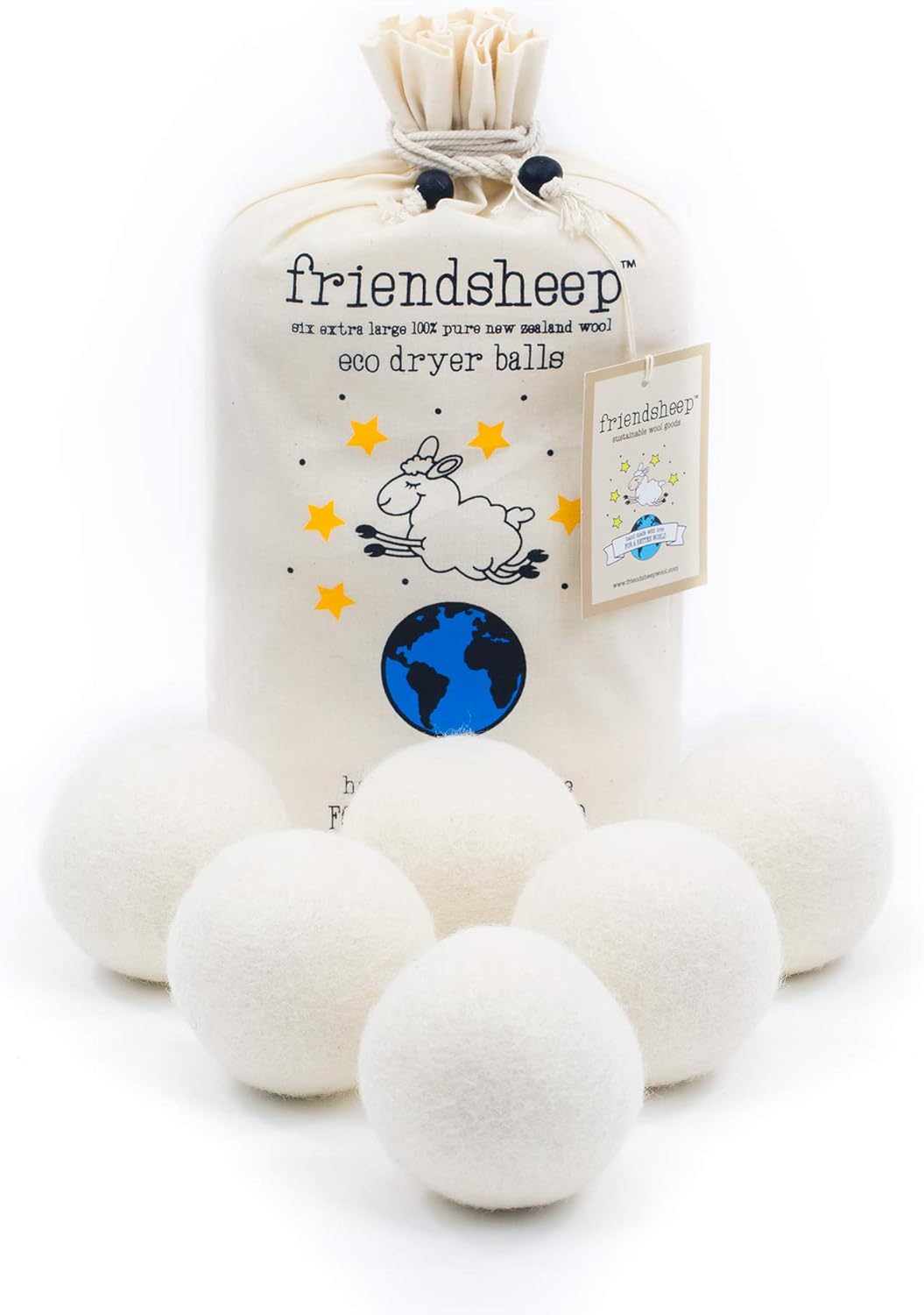 Wool Dryer Balls by Friendsheep 6 Pack XL Organic Premium Reusable Cruelty Free Handmade Fair Trade