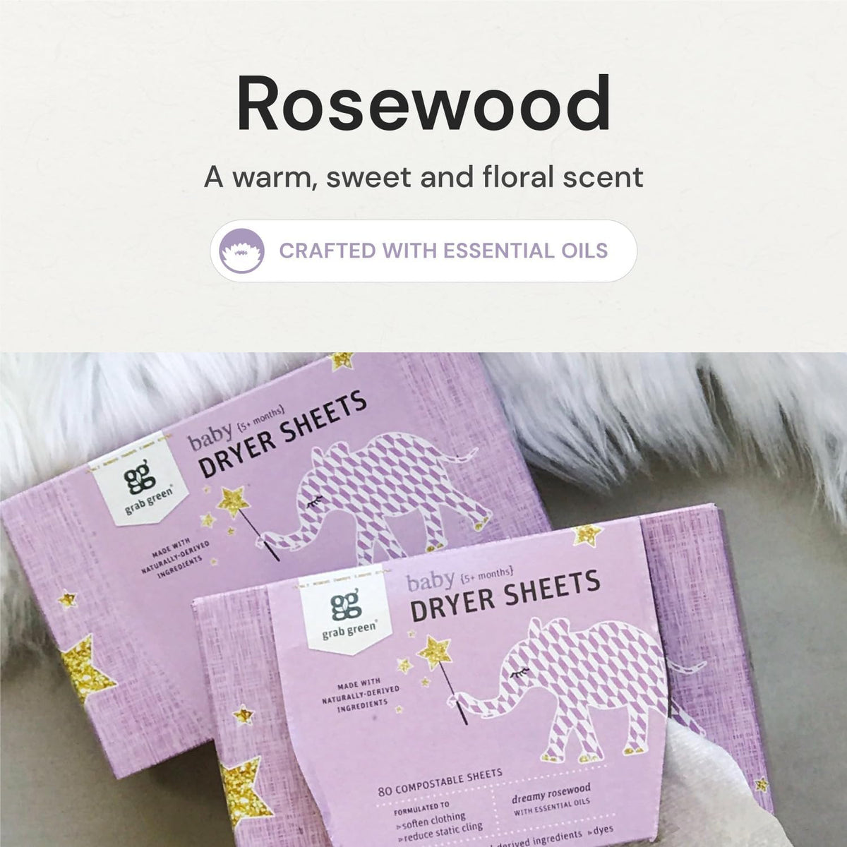 Grab Green Baby Laundry Dryer Sheets, 160 Sheets, Dreamy Rosewood Scent, Plant Based, Softens