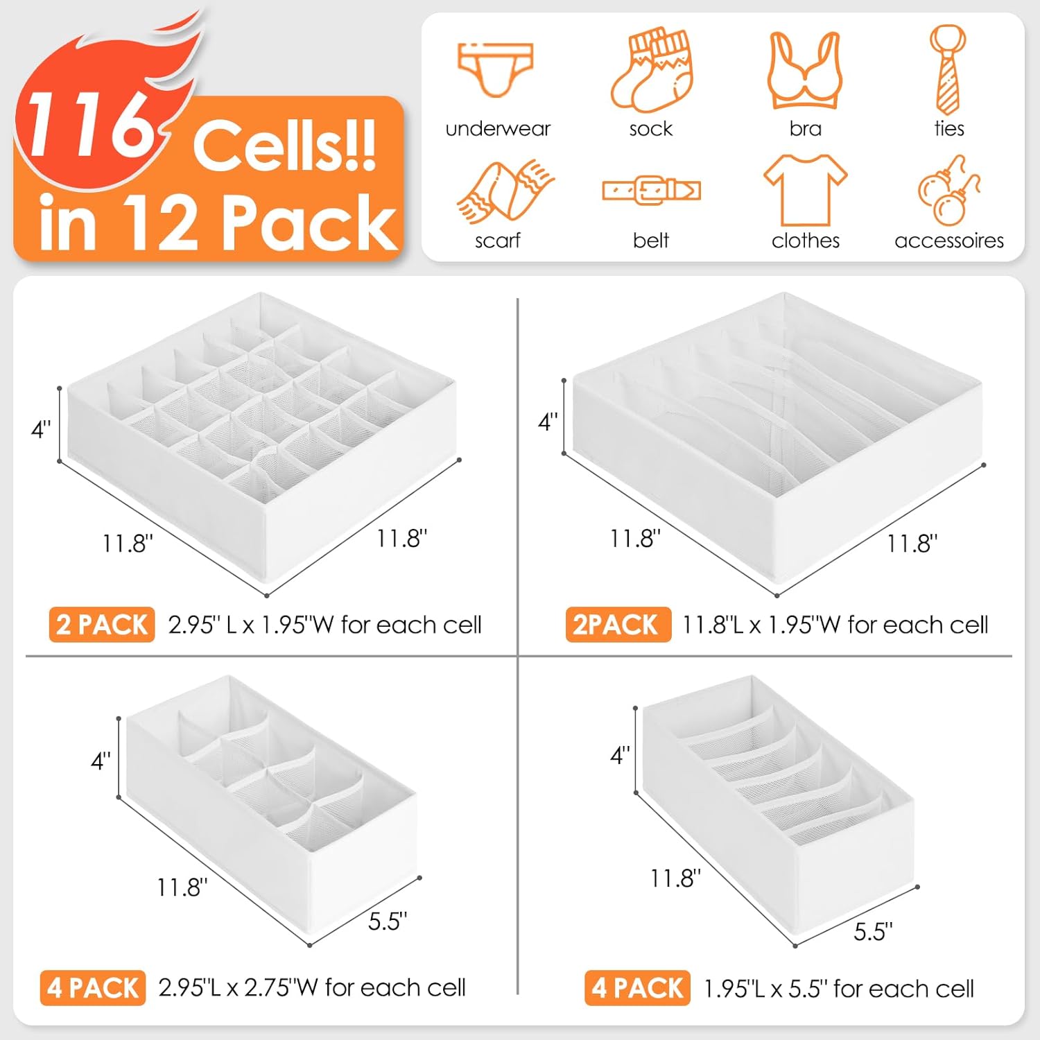 12 Pack Drawer Organizers for Clothing, 116 Large Compartments Fabric Dresser Closet Organizers and