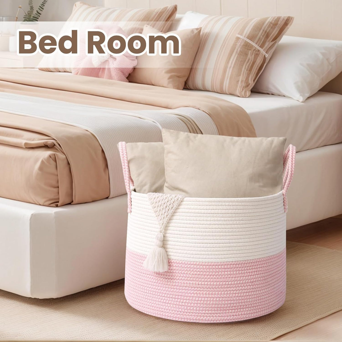 Woven Blanket Basket,65L Large Rope Storage Bin with Handles, Organizer for Blankets Toys Book and