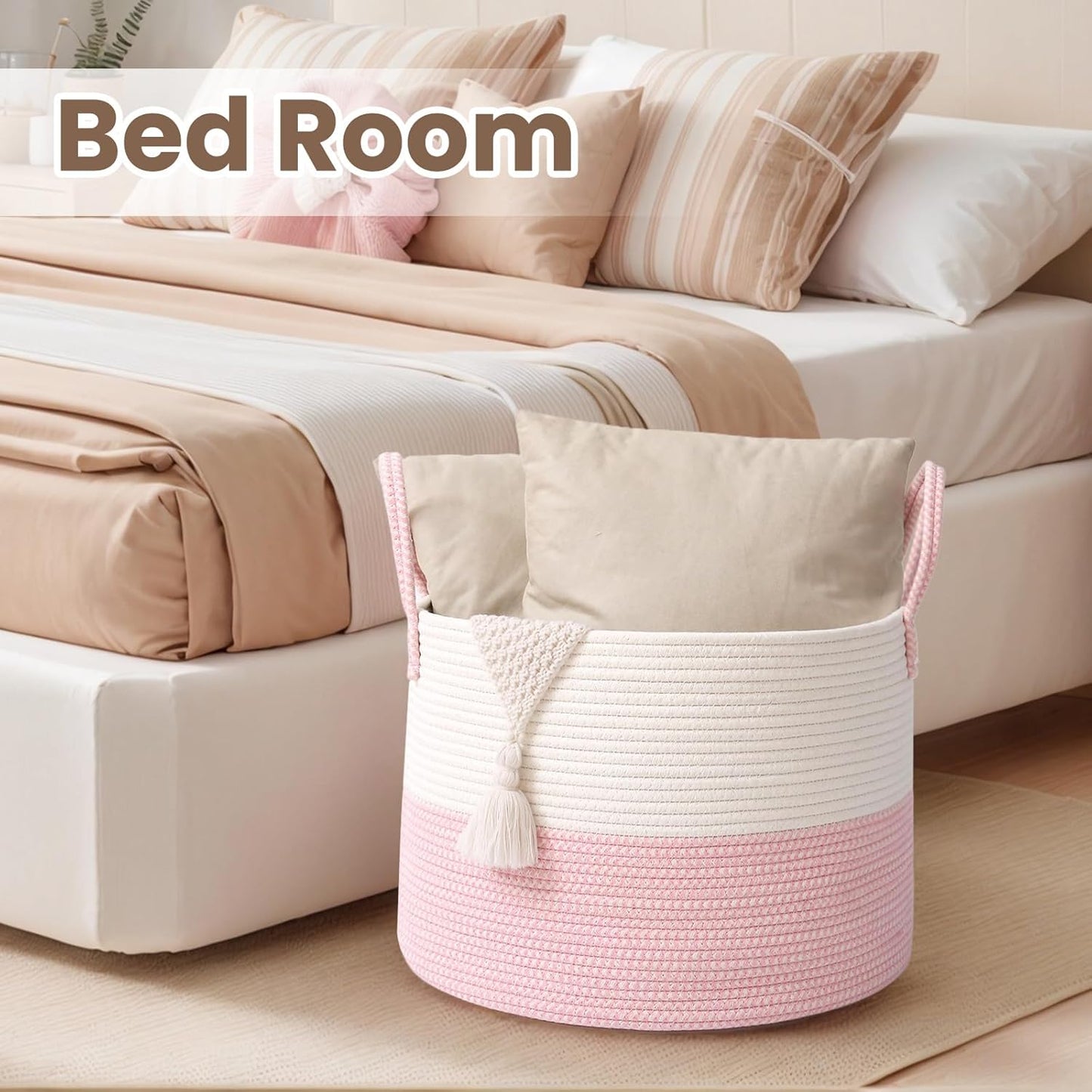 Woven Blanket Basket,115L Large Rope Storage Bin with Handles, Organizer for Blankets Toys Book and