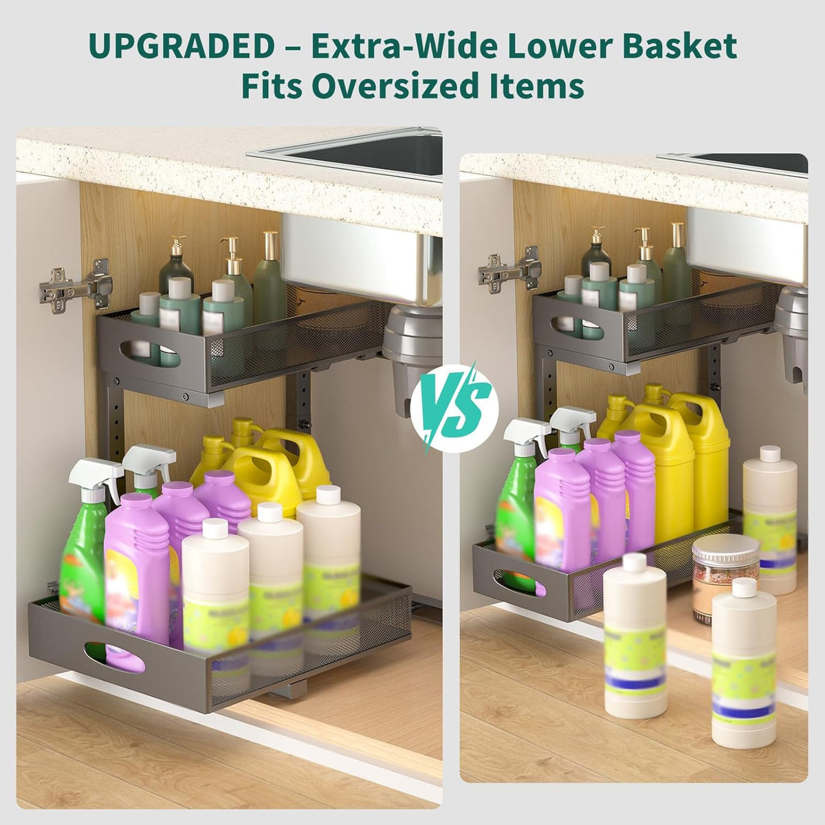 Under Sink Organizer, Extra-Wide Upgrade, 1-Pack of 2-Tier Metal Slide Out Cabinet Organizer