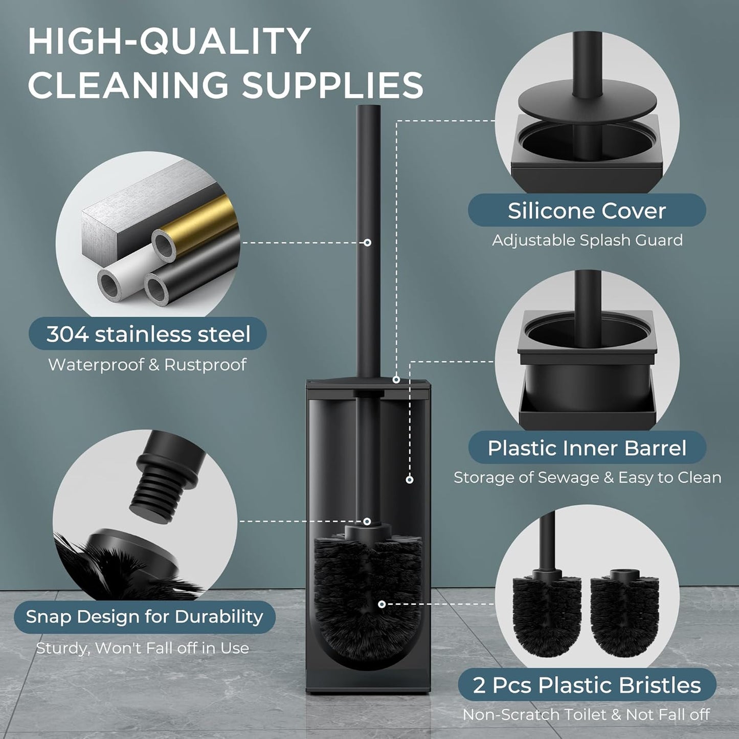 FORIOUS Toilet Brush and Holder Set, Heavy Duty 304 Stainless Steel Base Square and Long Handle for