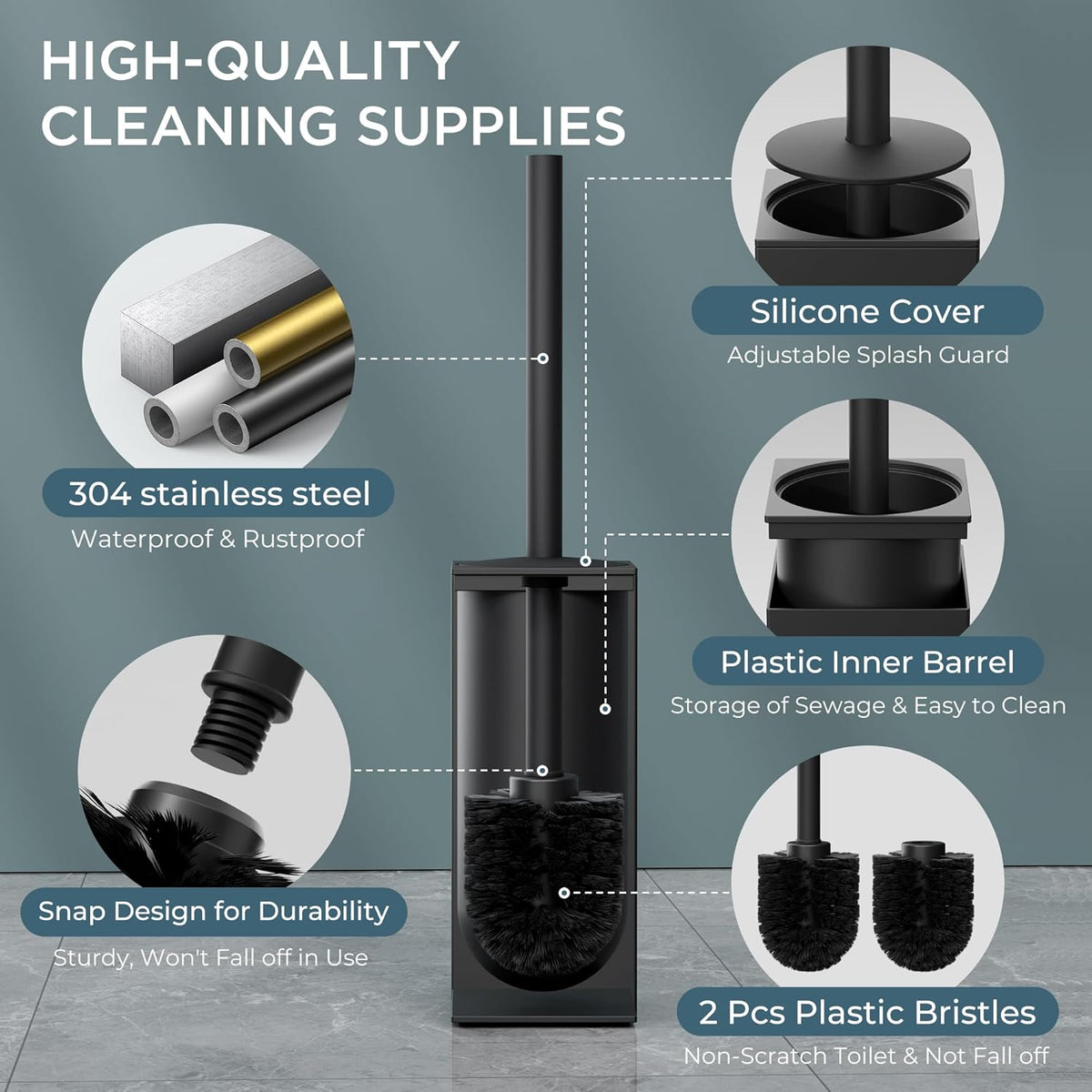 FORIOUS Toilet Brush and Holder Set, Heavy Duty 304 Stainless Steel Base Square and Long Handle for