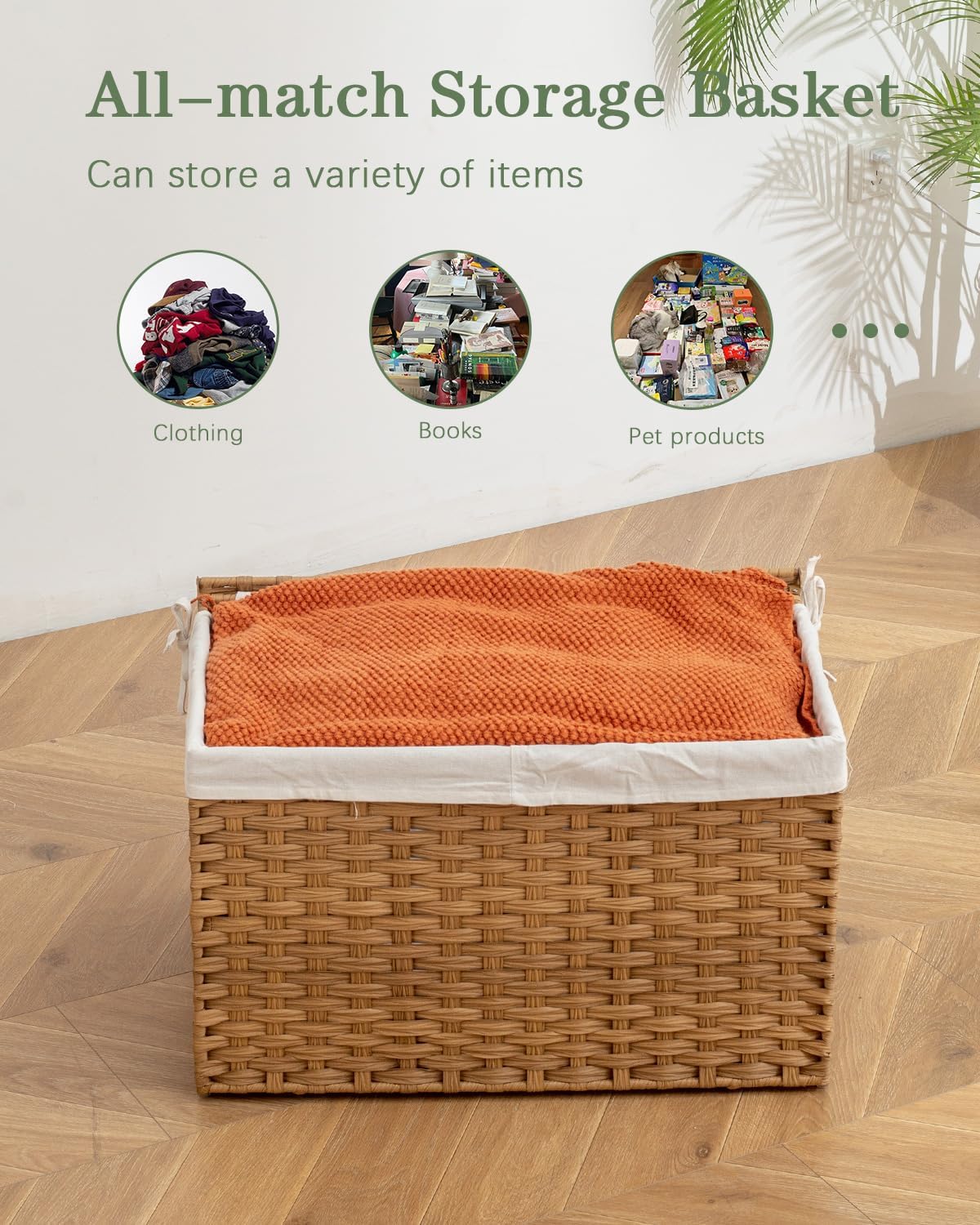 Storage Basket with Lid Rattan Woven Storage Baskets with 2 Separate Lids, 17.2 Gallon (65 L), 22 x