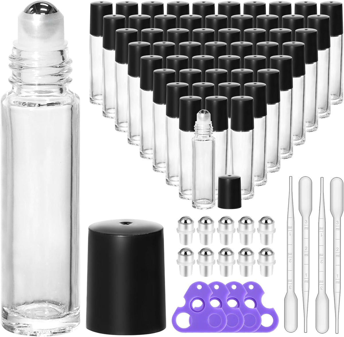 KEYWING 54 Pack Clear Essential Oil Roller Bottles – 10ml Glass Roll-On Bottles with Stainless