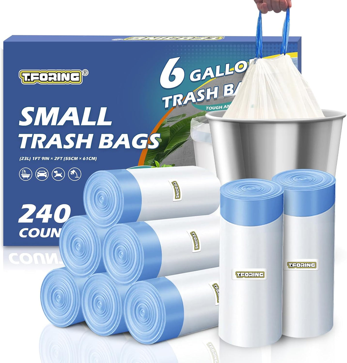 240 Count 6 Gallon Trash Bags Drawstring - Medium Garbage Bags 1.1 Mil,22.5 Liter Strong Plastic