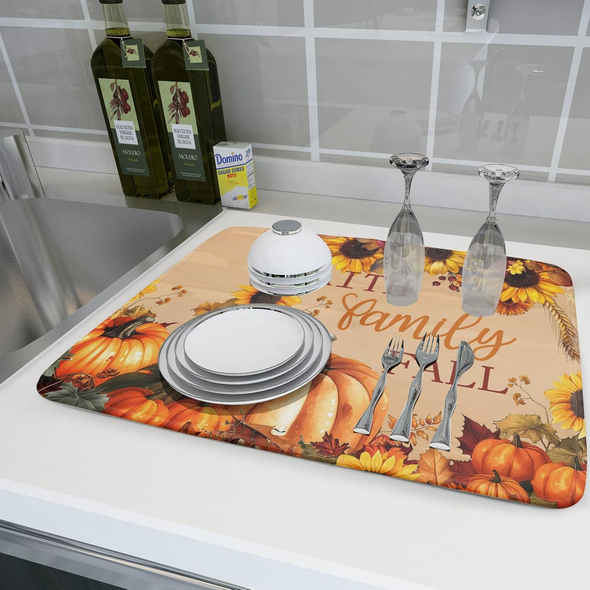 Faith FamilyFall Dish Drying Mat 16X18 Inch Thanksgiving Mats for Kitchen Counter Thanksgiving