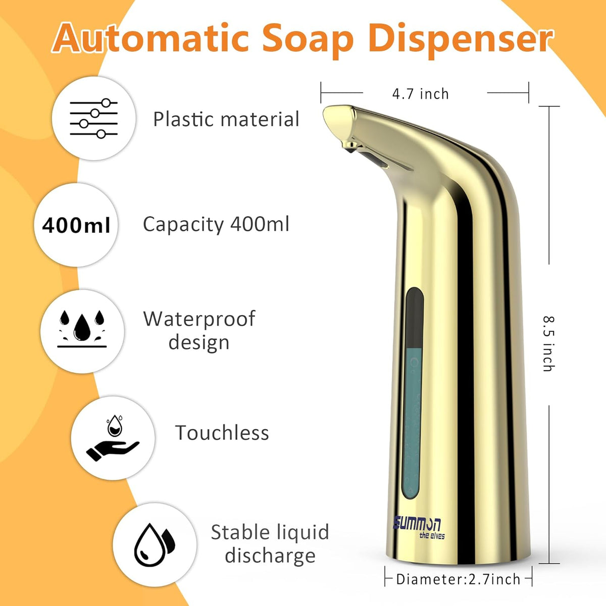 Automatic Liquid Soap Dispenser Touchless,400ML Hand & Dish Countertop Gold Electric Dispenser with