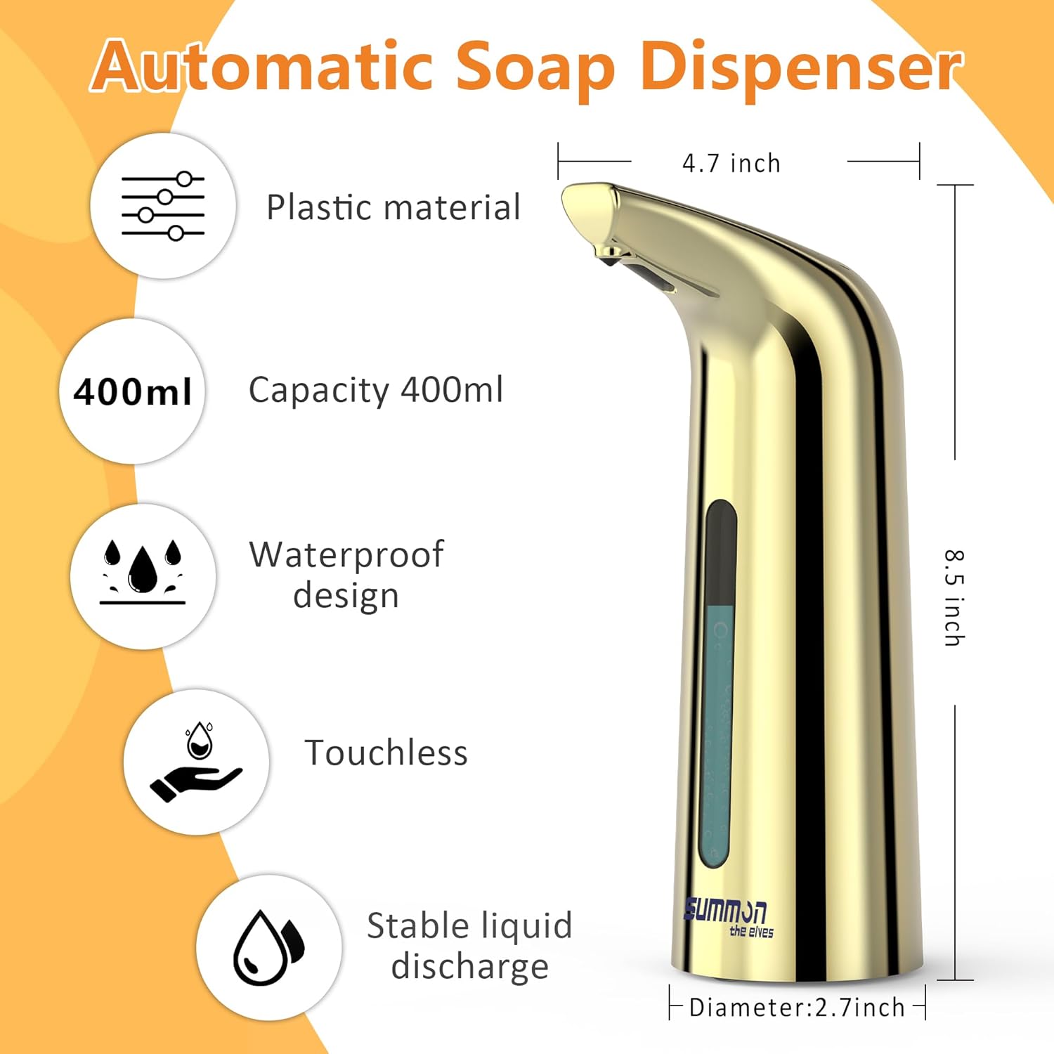 Automatic Liquid Soap Dispenser Touchless,400ML Hand & Dish Countertop Gold Electric Dispenser with