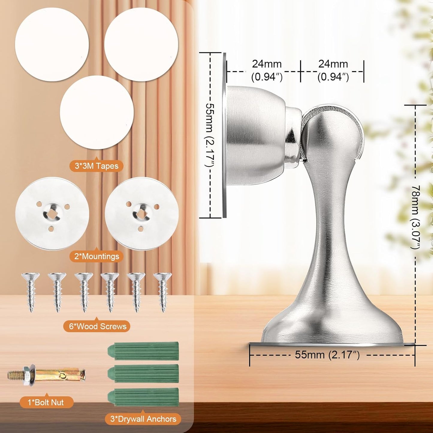 Probrico Brushed Nickel Magnetic Door Stoppers for Bottom of Door, Stainless Steel Magnet Door