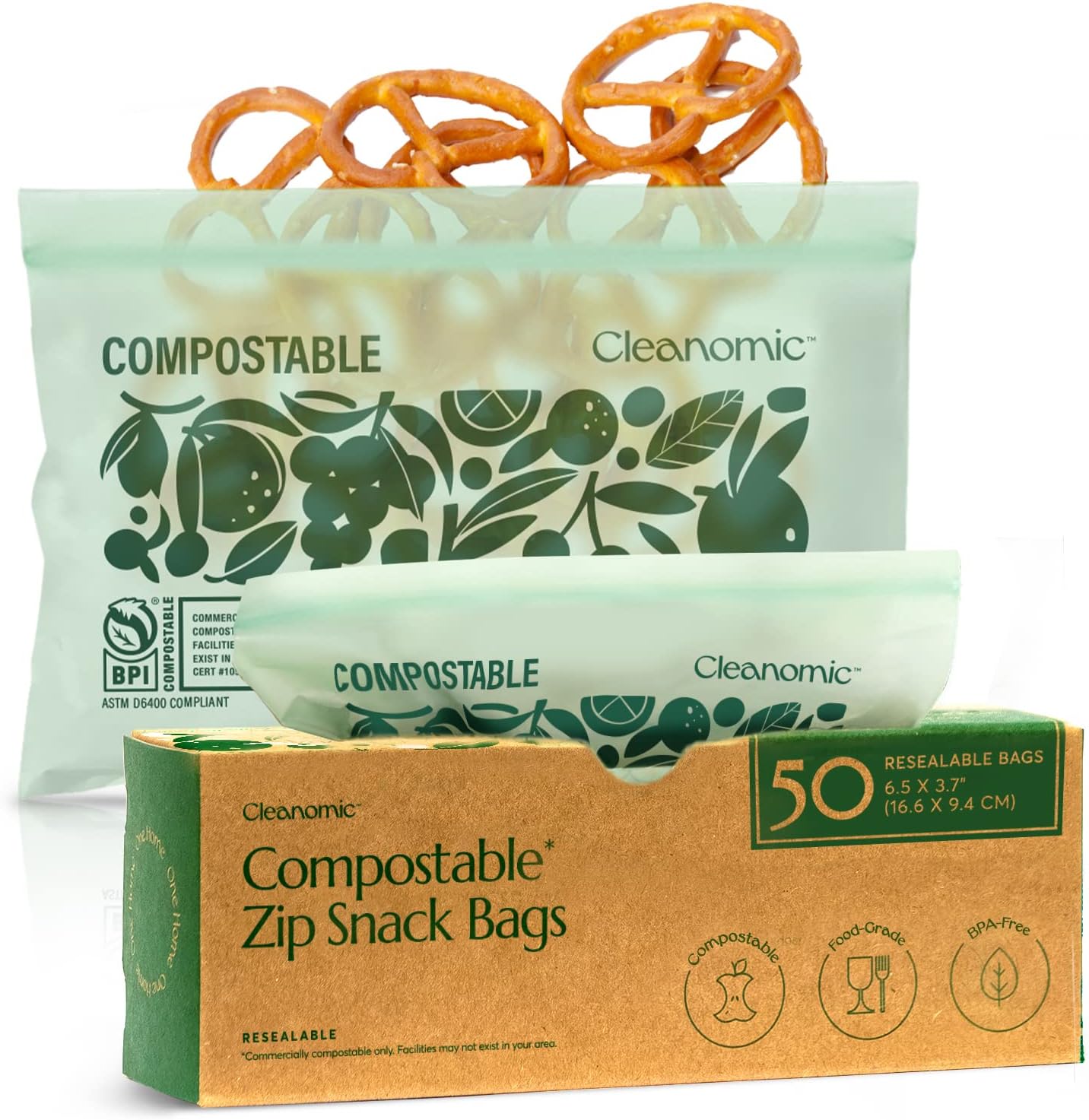 Cleanomic Compostable* Snack Size Food Storage Bags (50 Eco Zip) Freezer and Leak Proof, Also