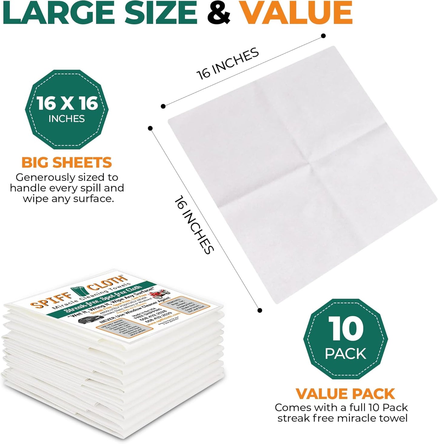 Miracle Cleaning Towels (10-Pack), Streakfree Cloths for Multi-Purpose Cleaning, Chemical Free, 16"