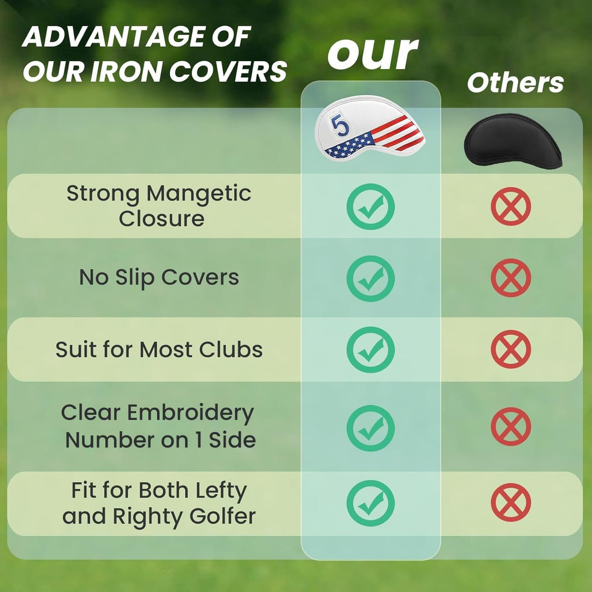 FINGER TEN Golf Club Covers for Irons Magnetic Value 11 Pack, Synthetic Leather Deluxe Head Cover