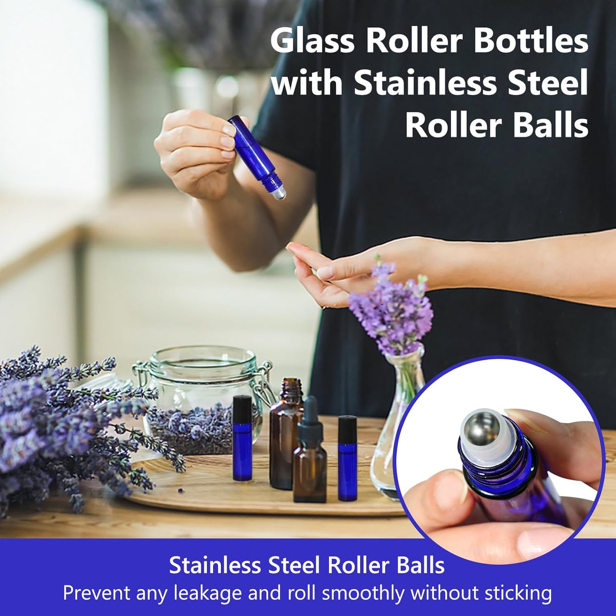KEYWING 54 Pack Blue Essential Oil Roller Bottles – 10ml Glass Roll-On Bottles with Stainless Steel