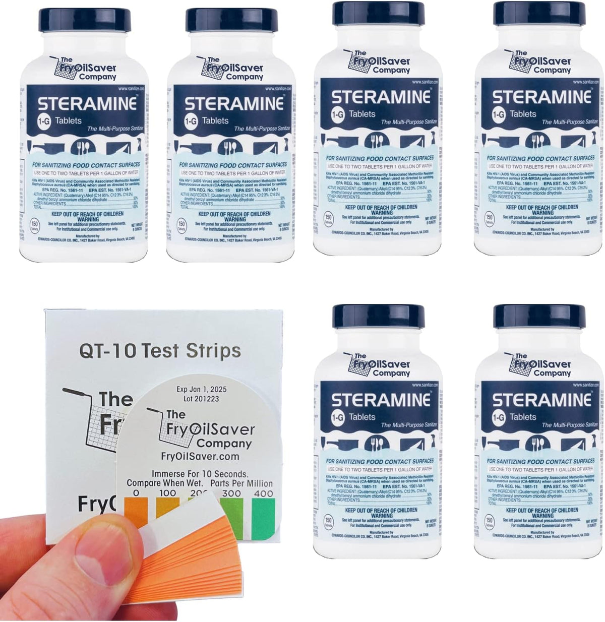 Pack of 6 (900 Tab) Steramine Sanitizing Tablets w/ 30x QT-10 Test Strips by FryOilSaver Co.