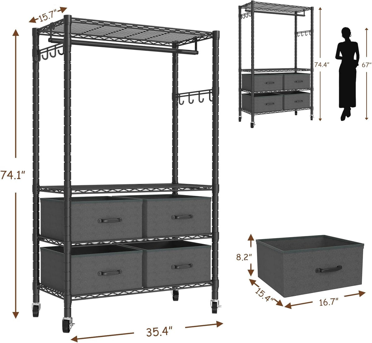 Clothes Rack, Heavy Duty Clothing Rack for Hanging Clothes, 4-Tier Adjustable Closet Organizer with