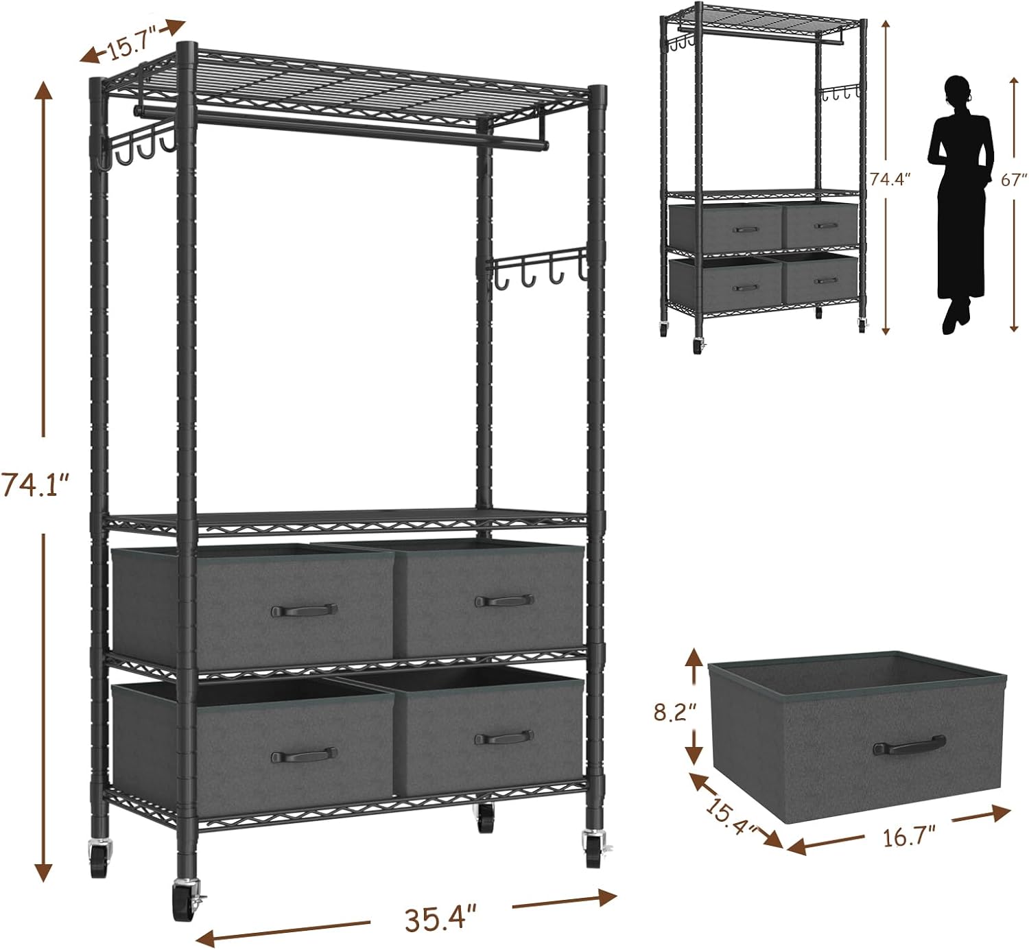 Clothes Rack, Heavy Duty Clothing Rack for Hanging Clothes, 4-Tier Adjustable Closet Organizer with