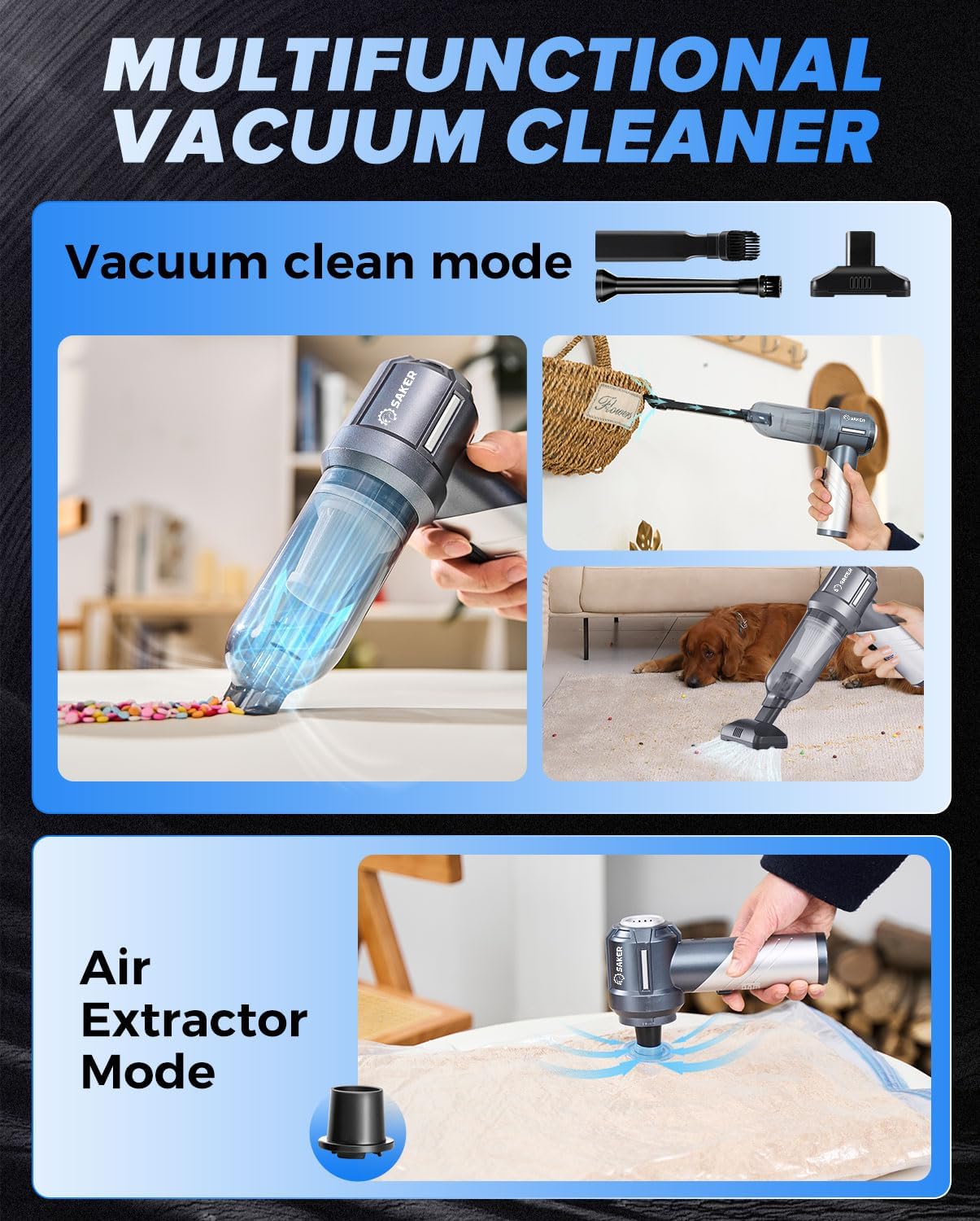Saker Car Vacuum Portable Cordless, Foldable Mini Handheld Vacuum Cordless and Air Duster 17000PA