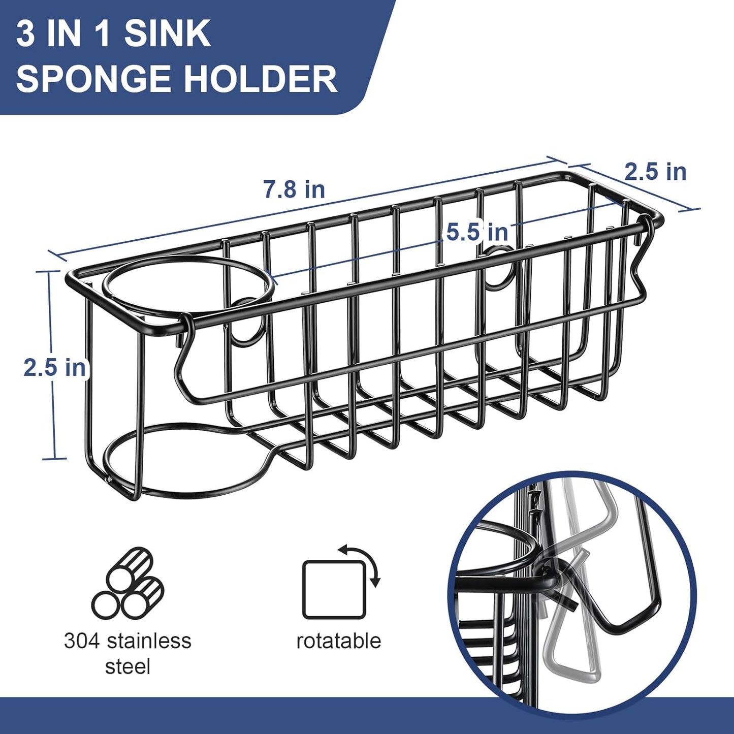 3-In-1 Sponge Holder for Kitchen Sink, 2 Type Suspension Options (Suction Cups & Adhesive Hook)