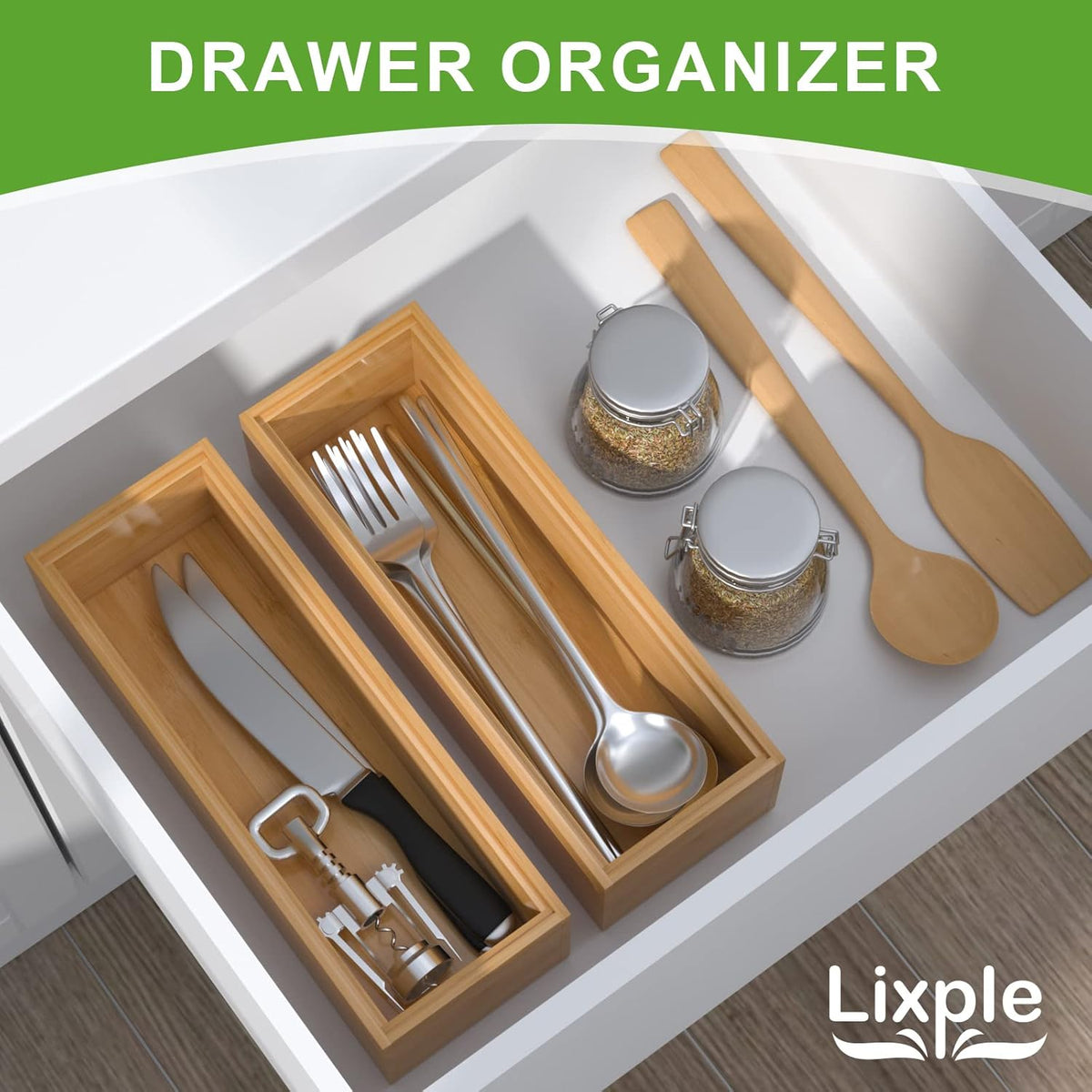 Bamboo Drawer Organizer – Set of 2 Stackable Storage Boxes, Silverware Tray & Small Gadget Holder