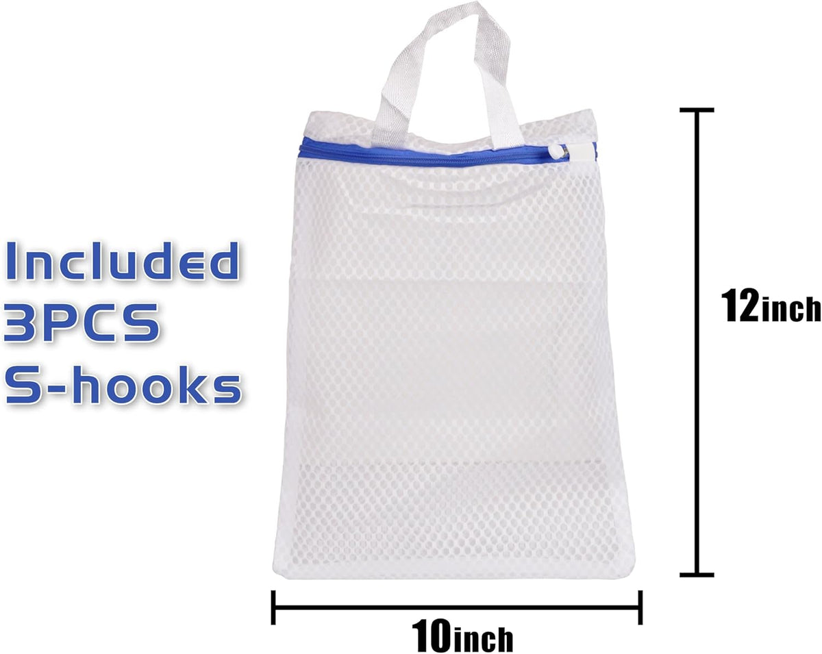 3 Pack Hanging Mesh Laundry Bags with S Metal Hooks,10x12 Inch Hanging Socks Laundry Bags, for