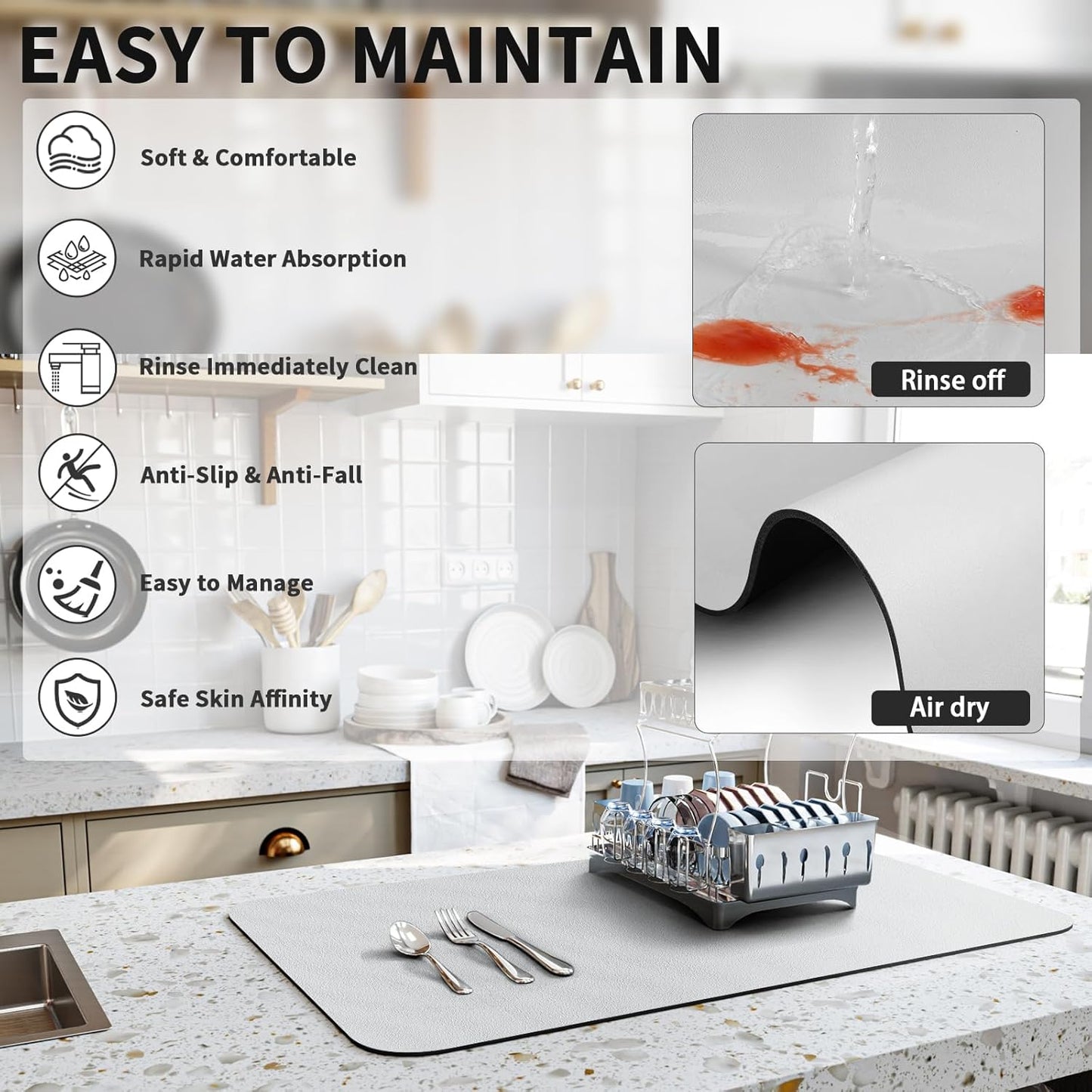 Dish Drying Mat for Kitchen Counter, Heat Resistant Drainer Mats with Non-slip Rubber Backed, Hide