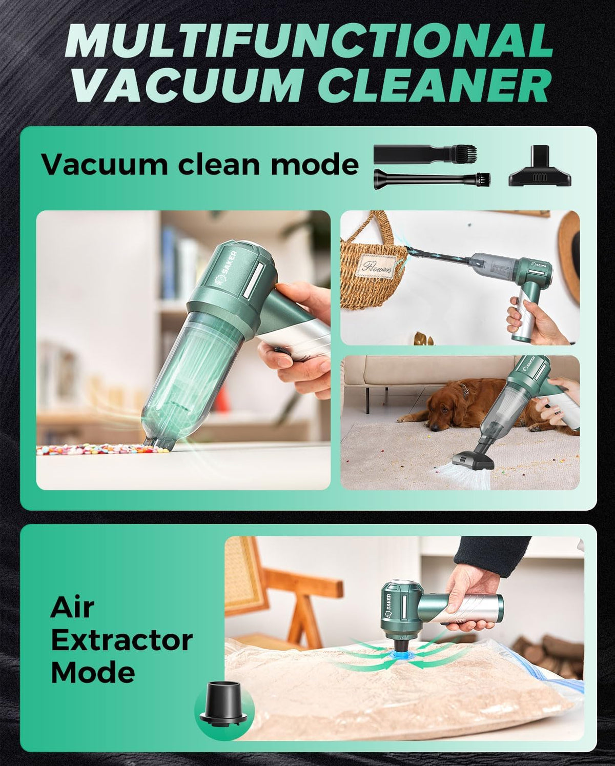 Saker Foldable Handheld Car Vacuum Cleaner Portable Cordless, 17000PA High Power Mini Vacuum