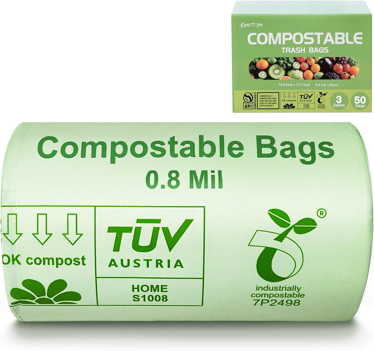 Compostable Trash Bags, Small Compost Bags 3 Gallon, Extra Thick 0.8 Mils, 16.9" x 17.7", 50 Count
