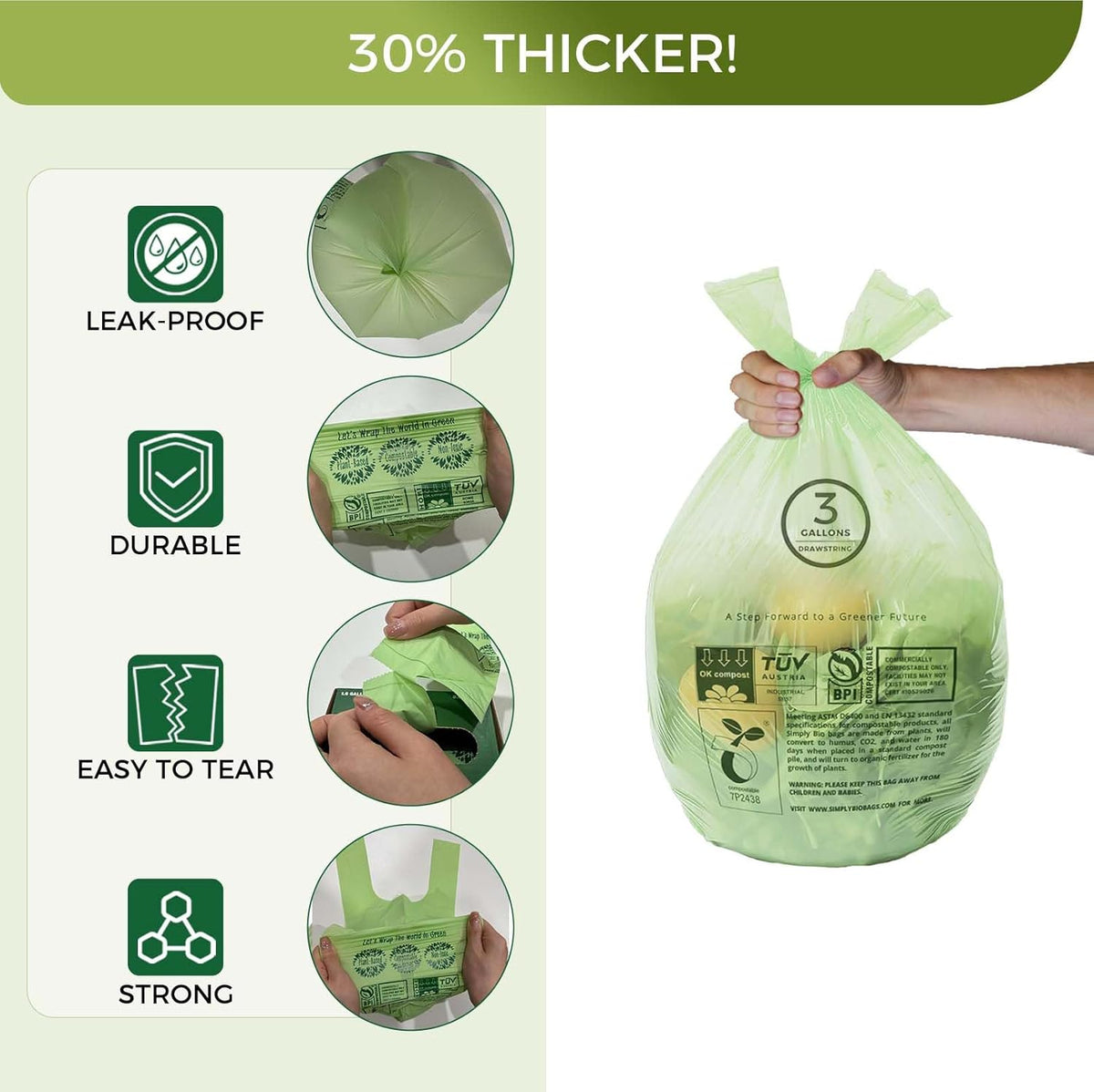 3 Gallon Compostable Trash Bags with Handle-Tie, Thick 0.67 Mil, 11.36 Liter, 80 Bags, Small
