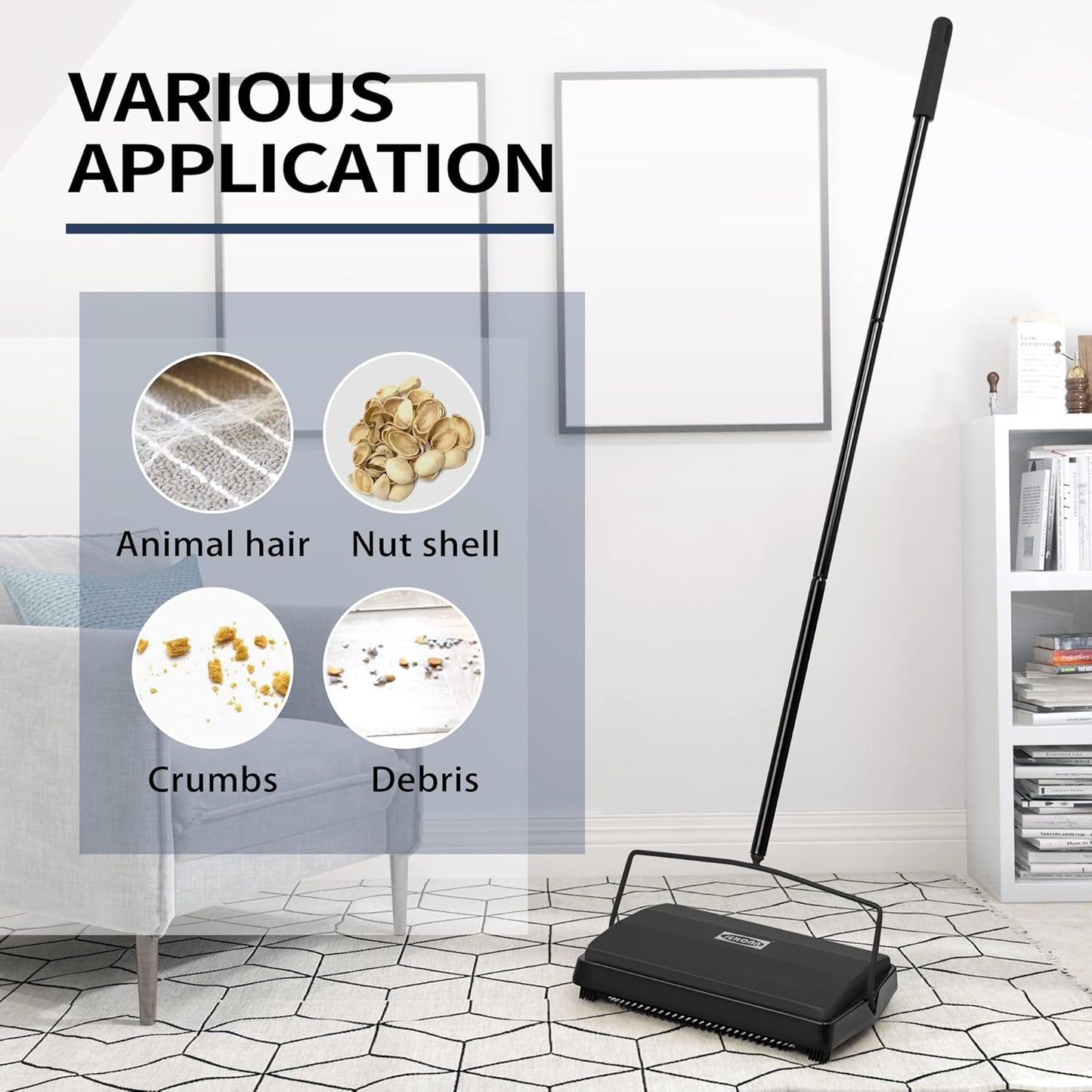 JEHONN Carpet Floor Sweeper Manual with Horsehair, Non Electric Quite Rug Roller Brush Push for