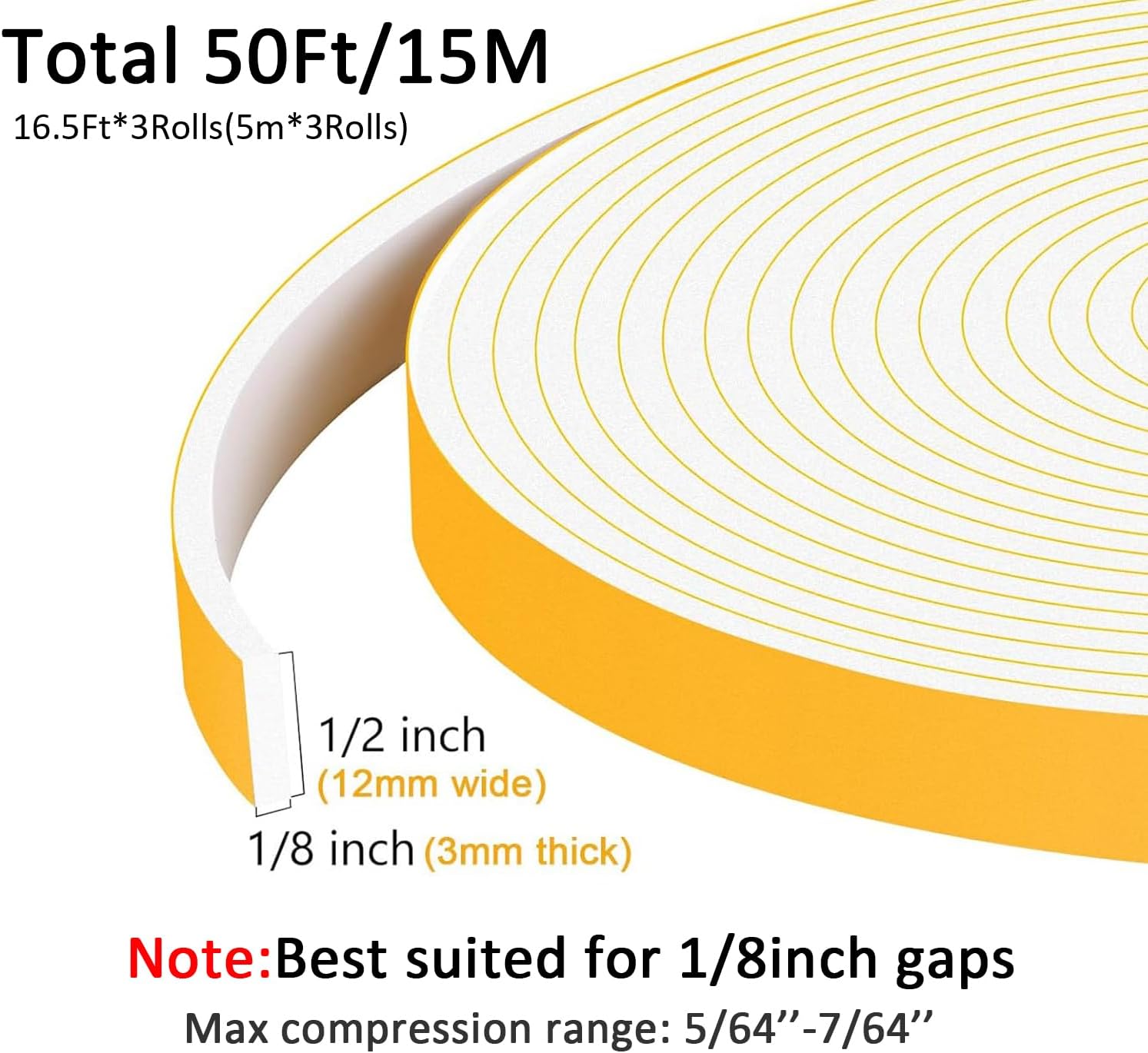 White Strong Adhesive Foam Tape, High Density Door Insulation Weather Strip，Soundproof