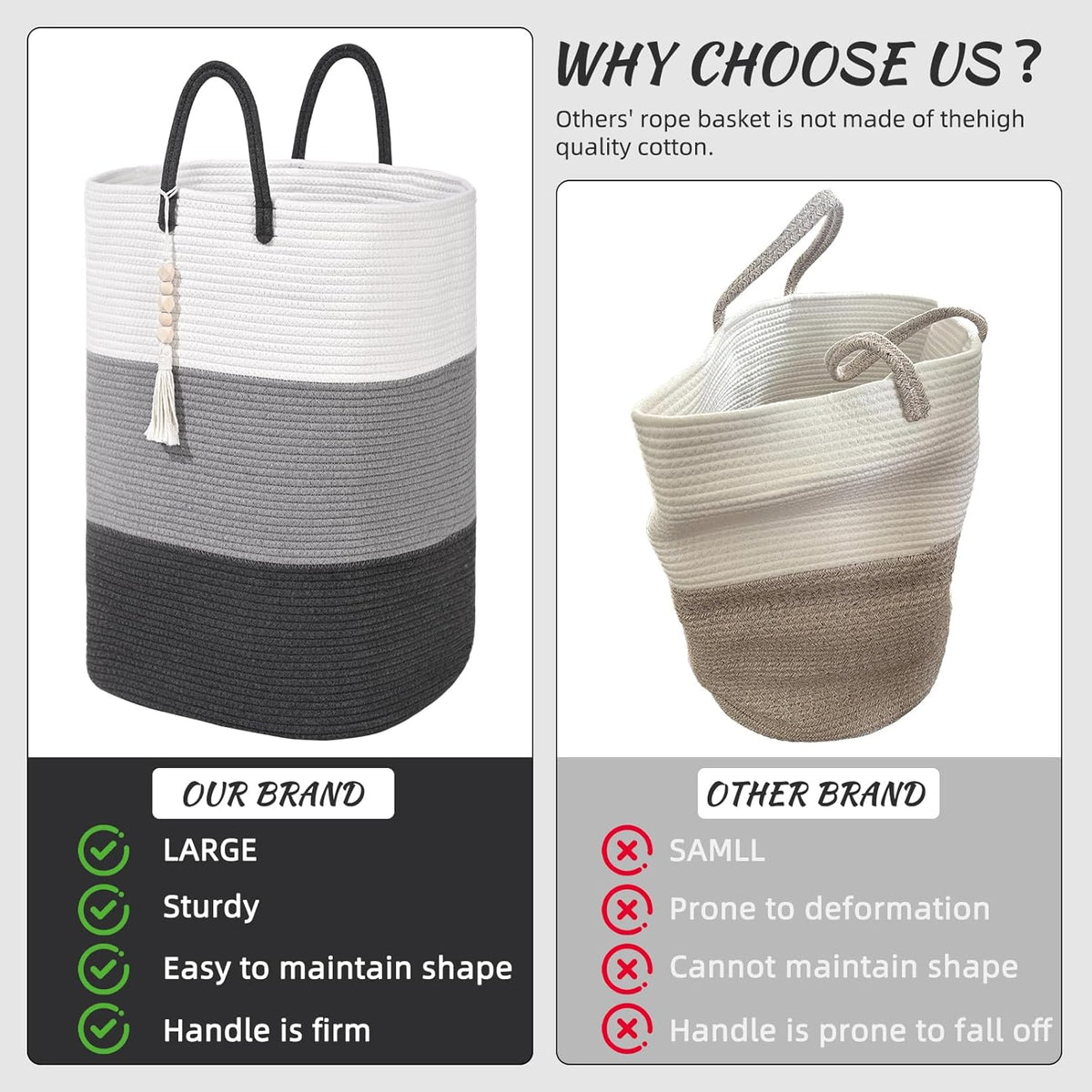 Woven Laundry Basket for Clothes,65 L Large Rectangle Laundry Hampers with Beads Tassel, Nursery
