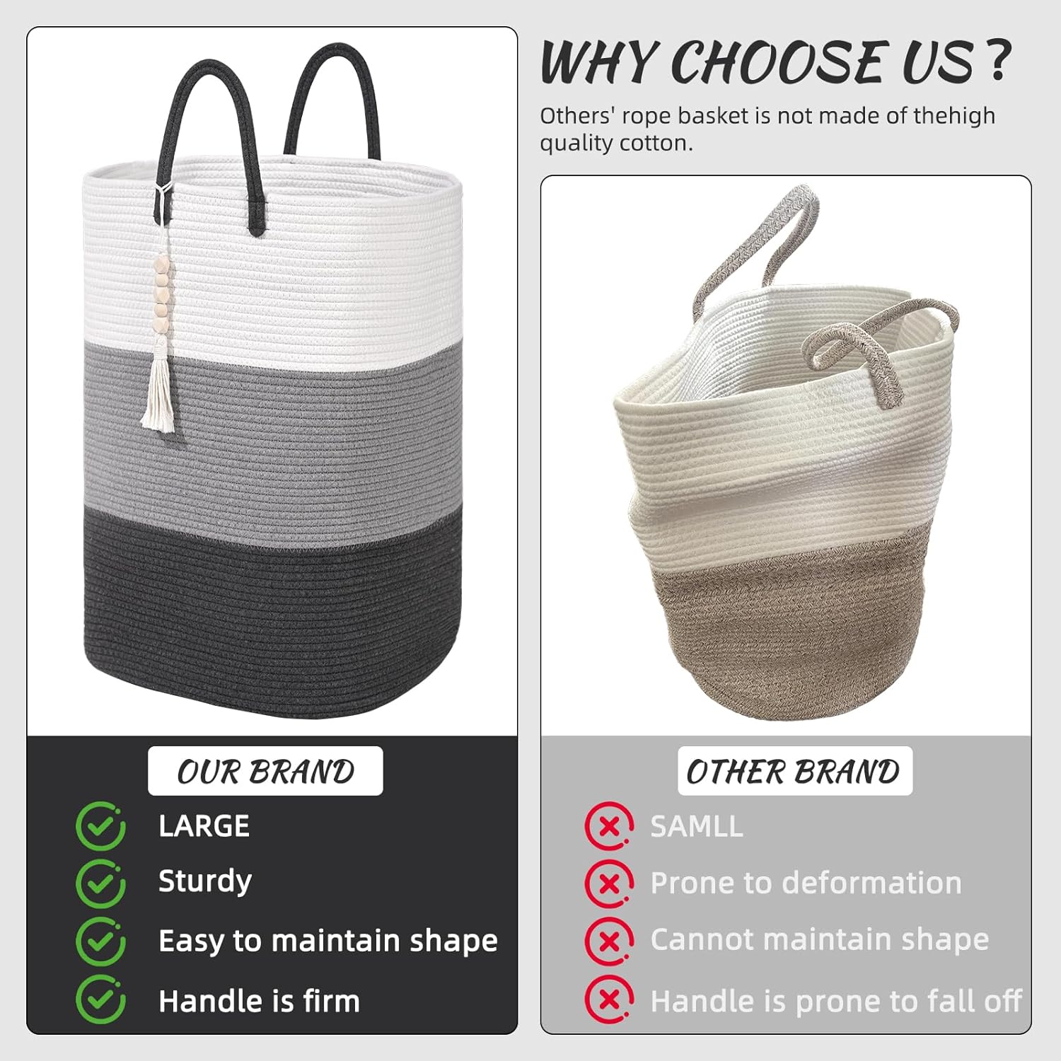 Woven Laundry Basket for Clothes,65 L Large Rectangle Laundry Hampers with Beads Tassel, Nursery