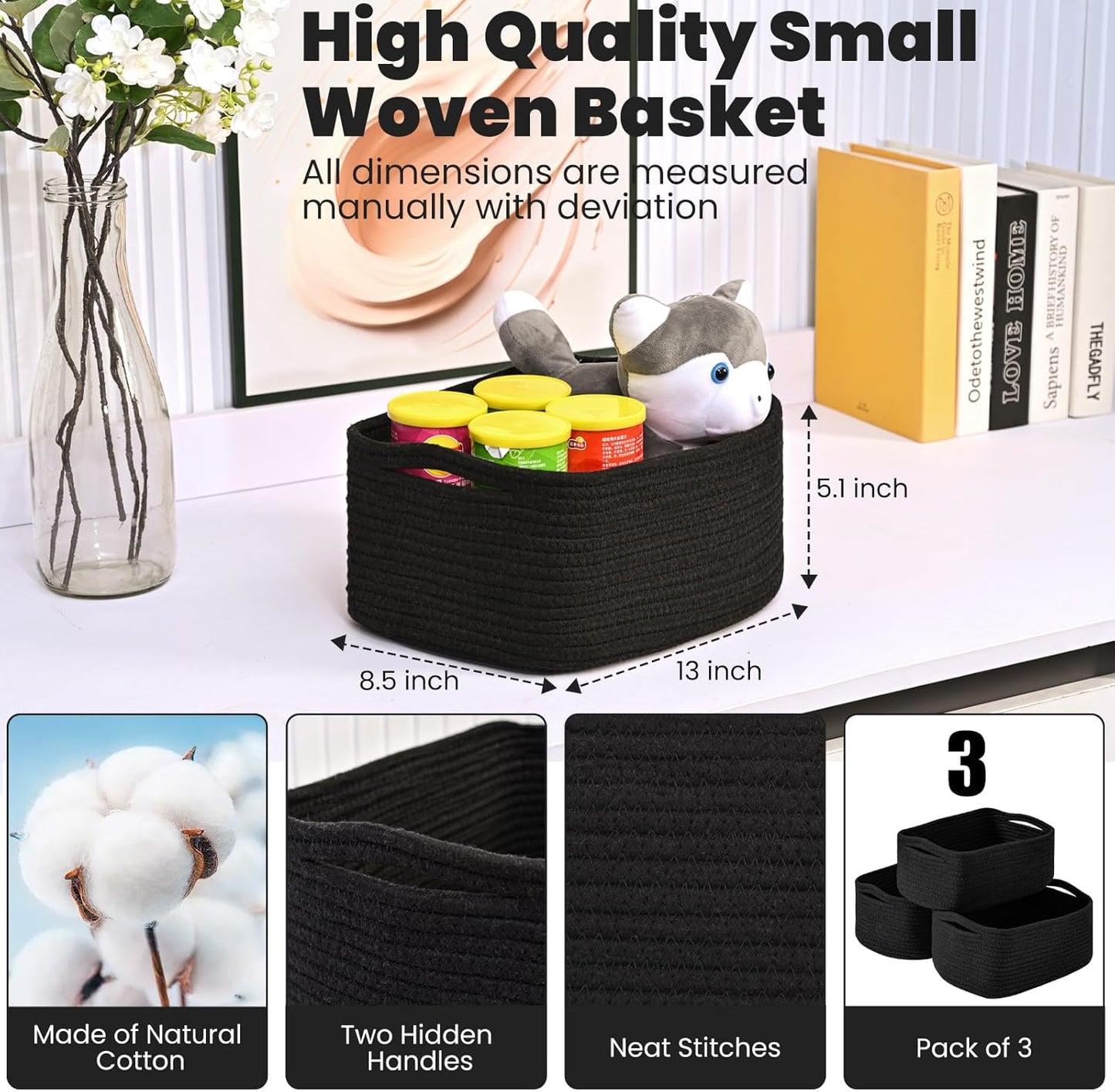 Small Black Baskets for Organizing, Storage Baskets for Shelves, Small Woven Cotton Rope Basket for