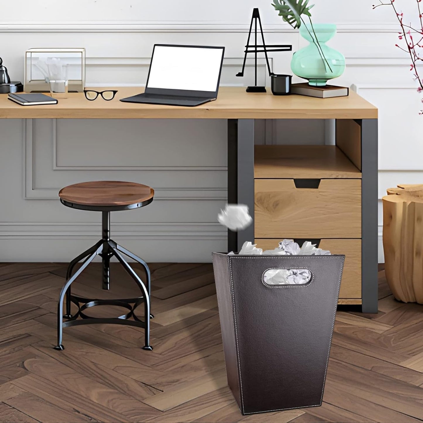Leather Trash Can Bathroom Wastebasket, 16L/4.2 Gallon Office Garbage Can with Handles for Near