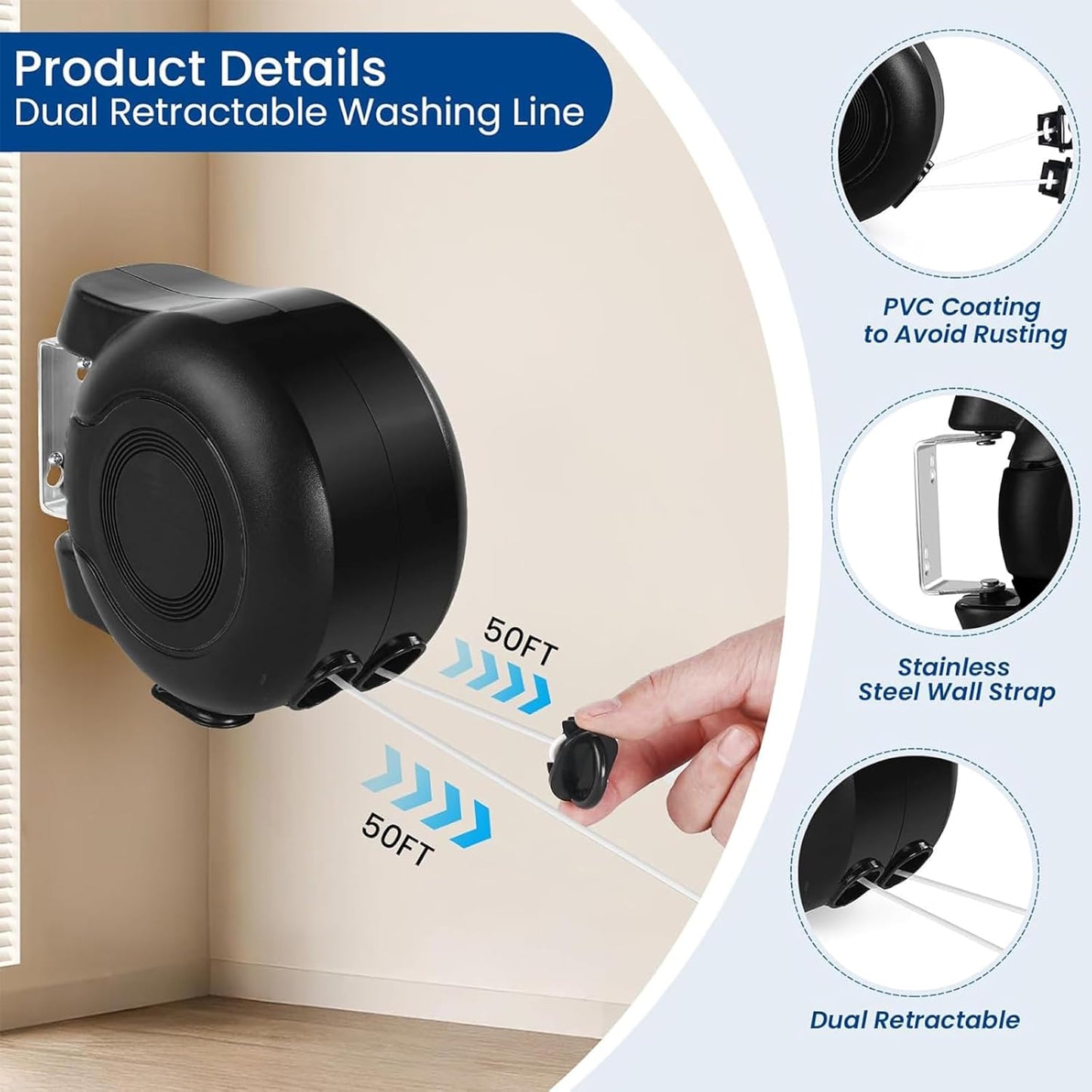 Retractable Double Clothesline – 49 ft x 2 Heavy Duty Clothes Line for Indoor & Outdoor Use, Dual