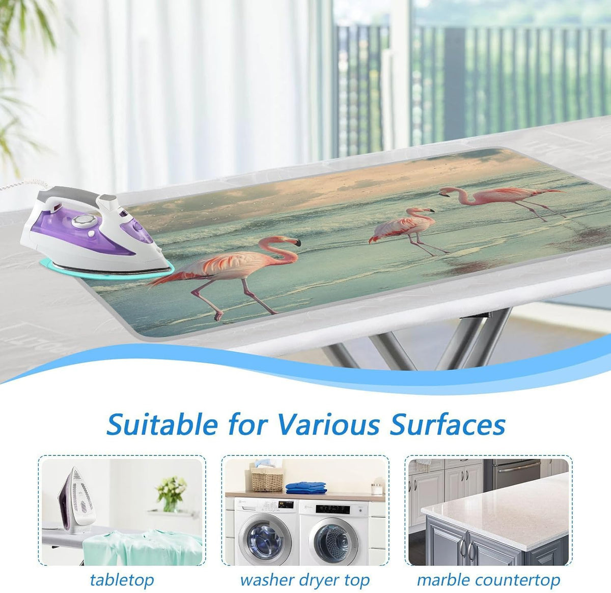 Flamingo with Coastline Ironing Mat for Table top Portable Ironing Pad Blanket for Washer Dryer