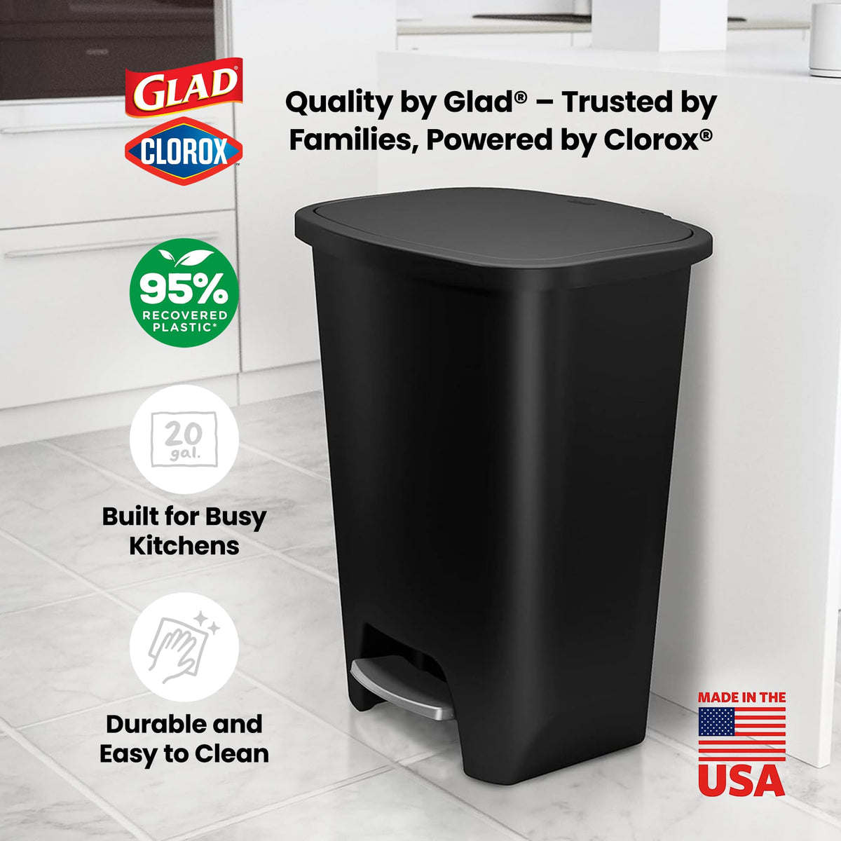 Glad Trash Can with Clorox Odor Protection | Plastic Bin, 20 Gal, Black
