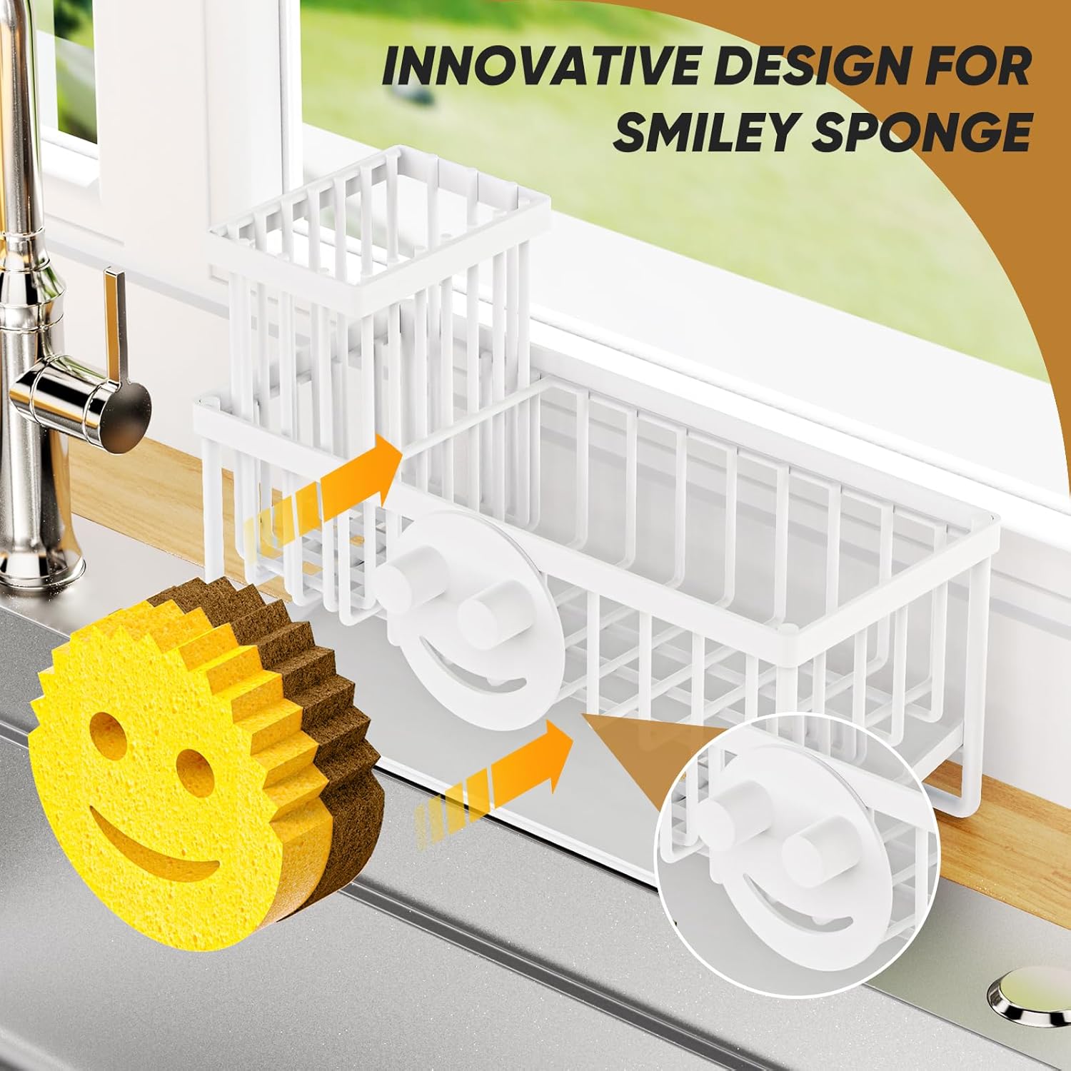 Sponge Holder for Kitchen Sink,Smiley Face Sink Caddy with Removable Brush Holder,Self-Draining