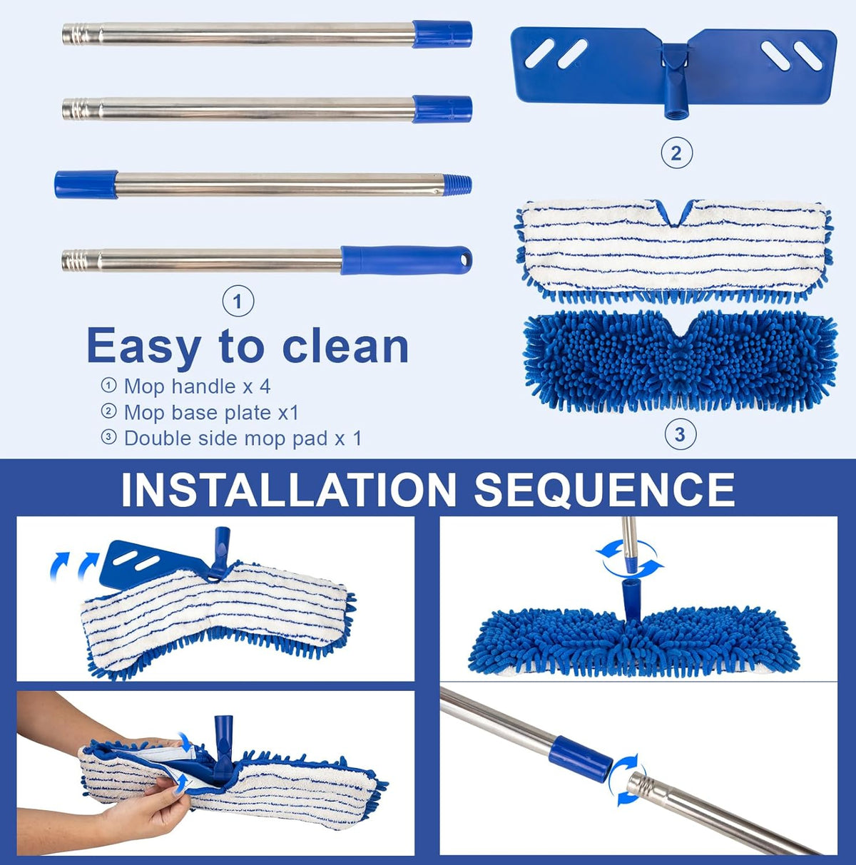 Microfiber Dust Mop for Floor Cleaning - Dual-Sided Washable Pads, Adjustable Stainless Steel