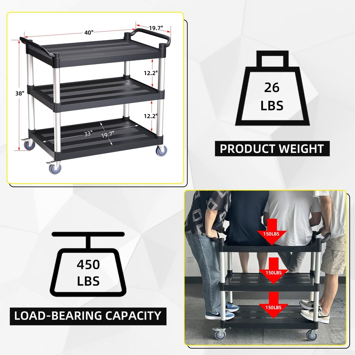 Plastic Utility Cart with Anti-Tangle Wheels, Solid Armrests, 450 Lbs Heavy Duty Capacity, 3-Tier
