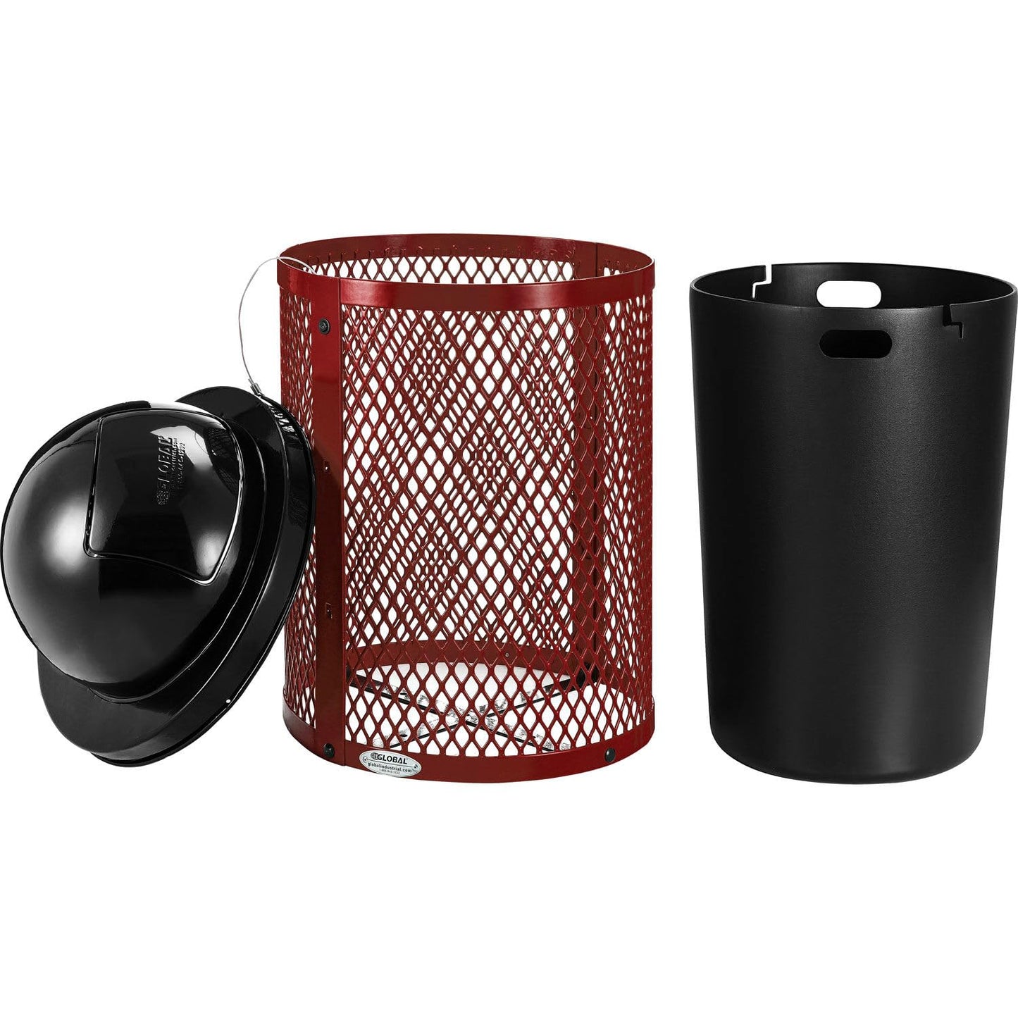 Global Industrial 36 Gallon Outdoor Steel Trash Can with Dome Lid and Raised Base, Plastic Liner