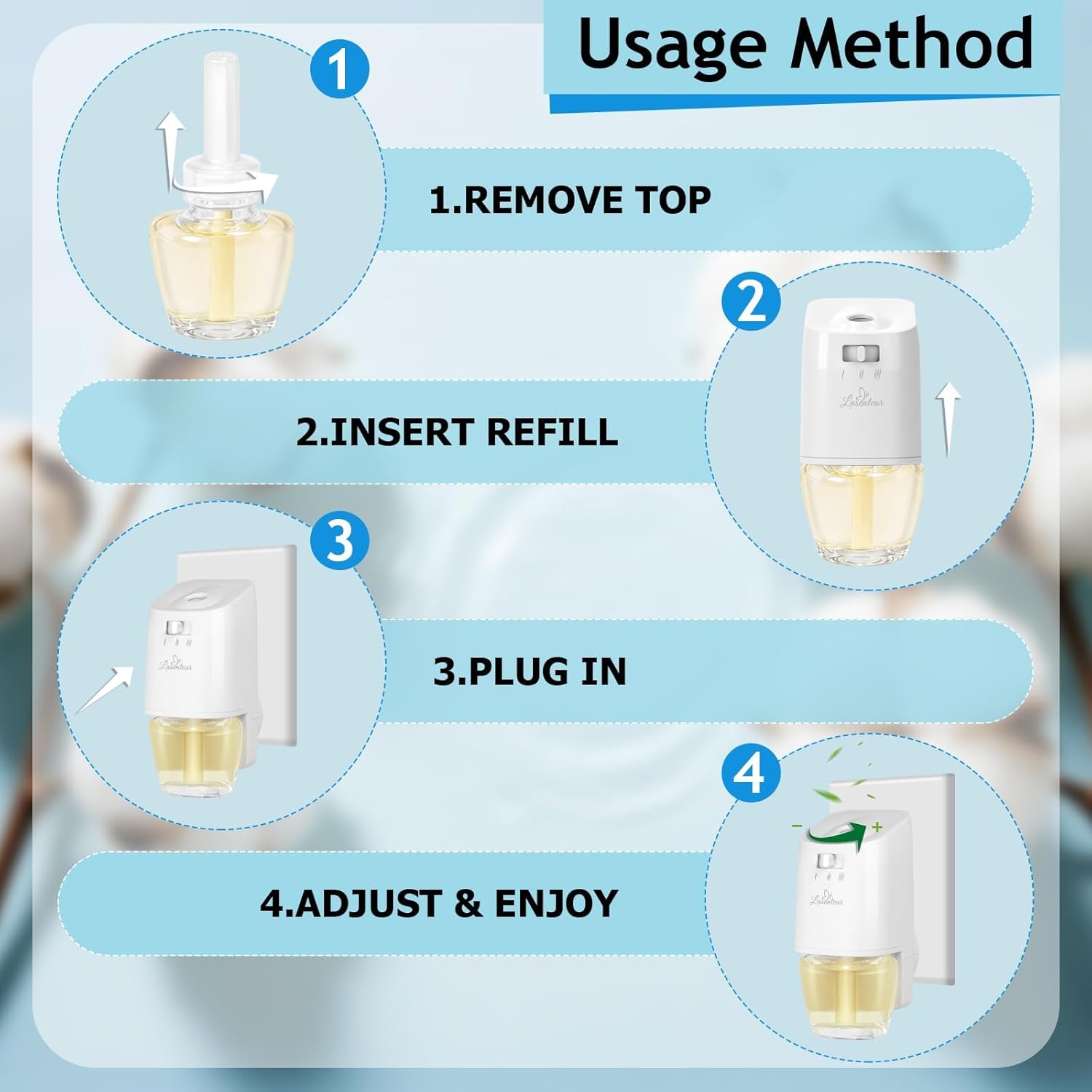 LASENTEUR Plug in Scented Oil Refill, 6 ct, Cotton Scent Long-Lasting Natural Fragrance for Home
